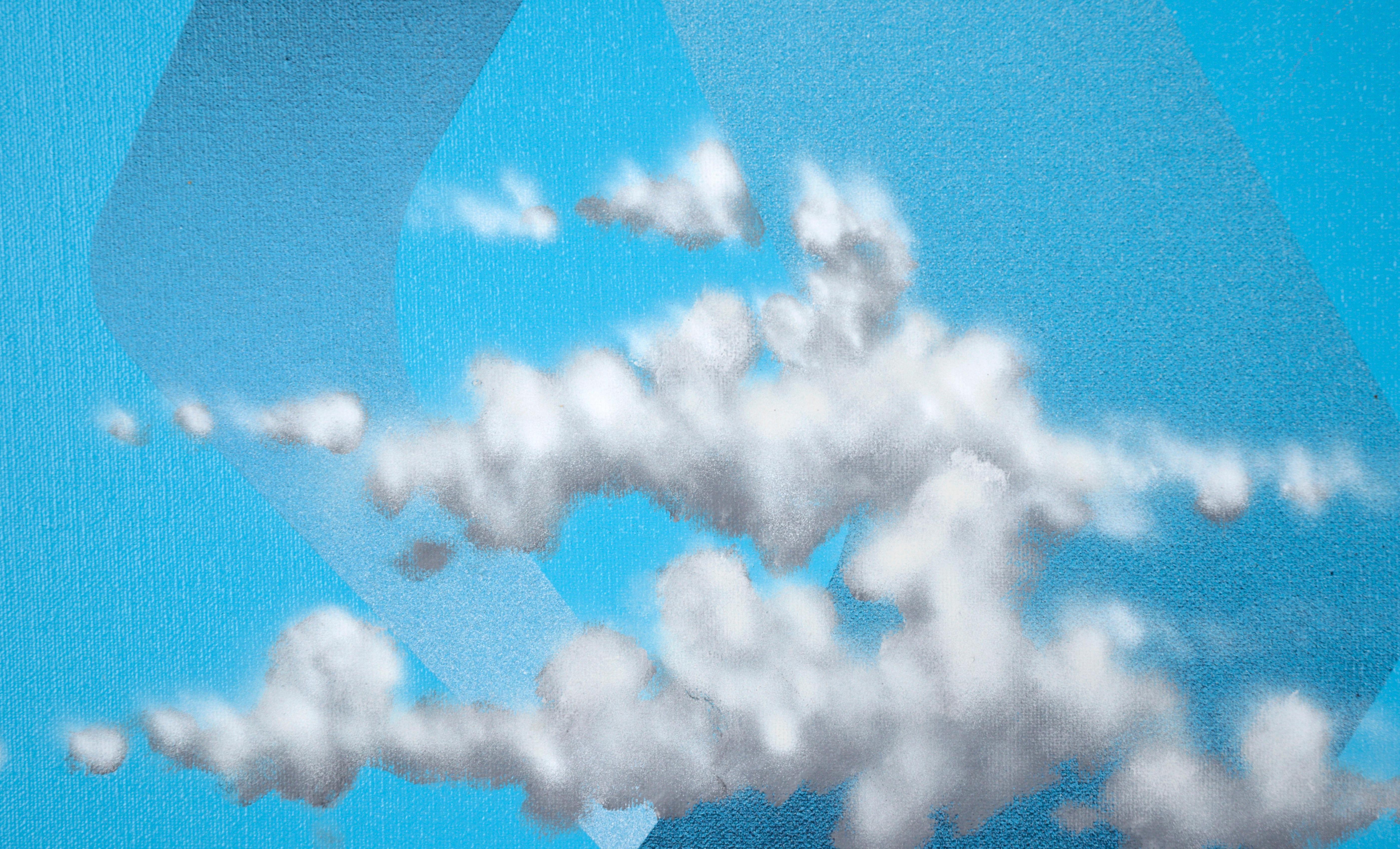Floating in a Surrealist Space – Abstrakte Komposition in Acryl auf Leinwand

Surrealistische Komposition des aus Kalifornien und Washington stammenden Künstlers David Sherburne (Amerikaner, geb. 1943). Eine flache, bandartige Form dreht sich in