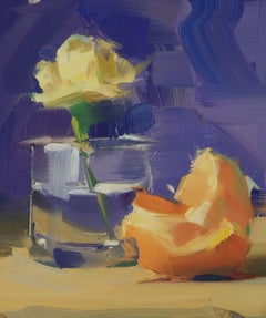 Claveles y una naranja Óleo sobre tabla 13" x 10" Naturaleza muerta floral Impresionismo