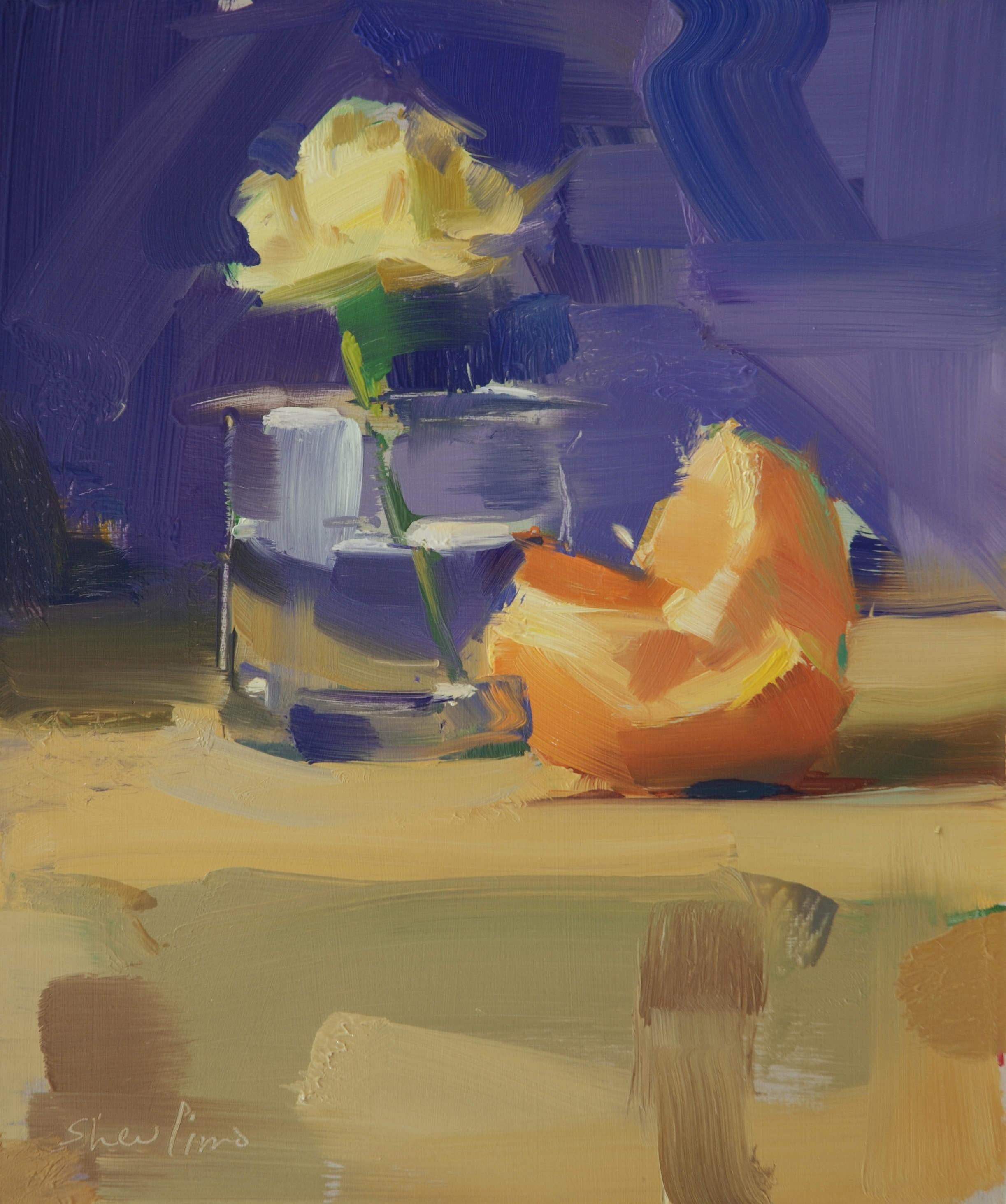 Carnations and an Orange Oil On Panel 13" x 10" Floral Still-life Impressionism