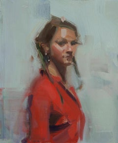 Diane in Red  OIl on Panel  Portrait Painting  Contemporary  Brushstrokes