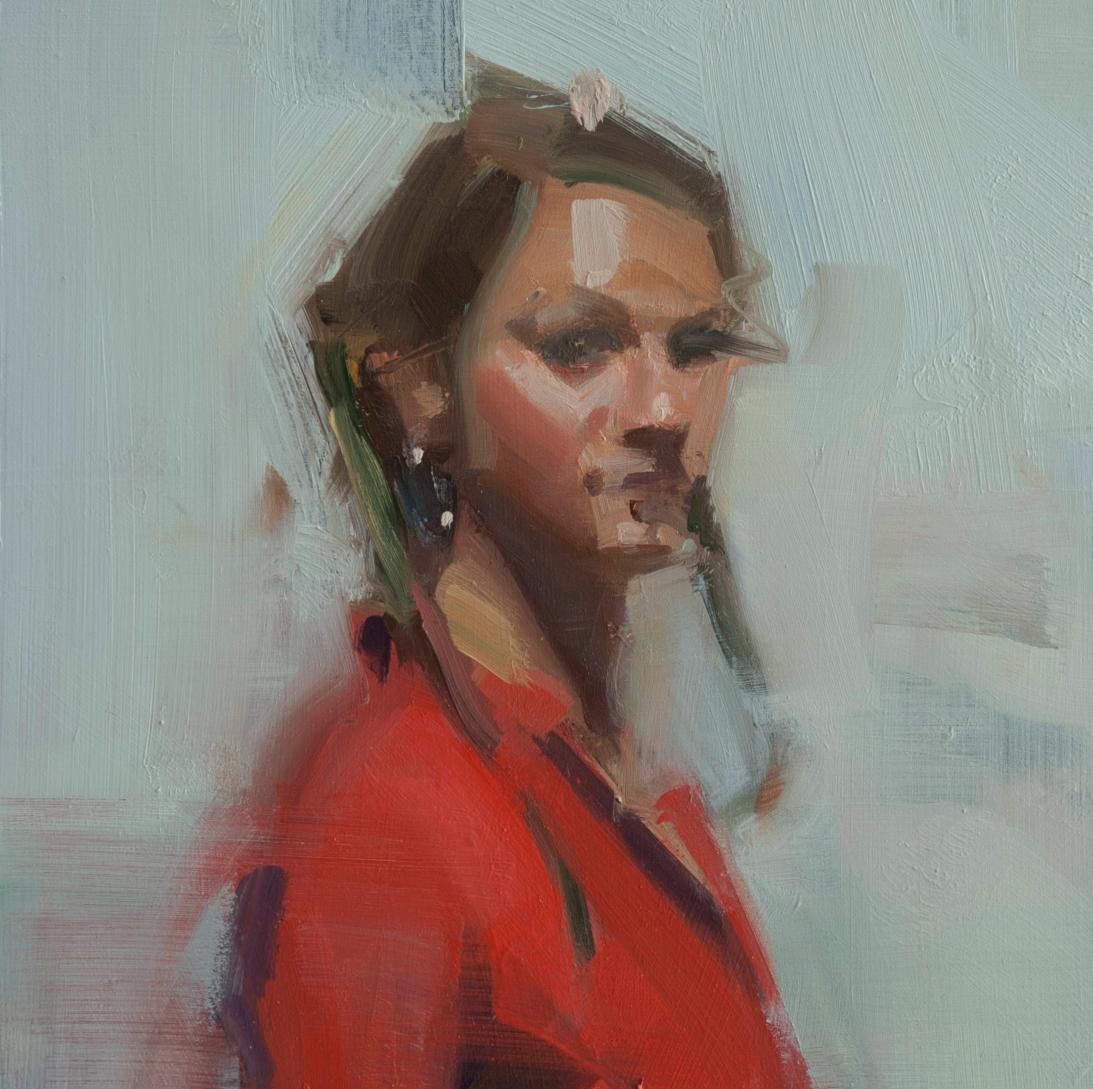 Diane en rouge  Huile sur panneau  Peinture figurative  Contemporain  Coups de pinceau - Painting de David Shevlino