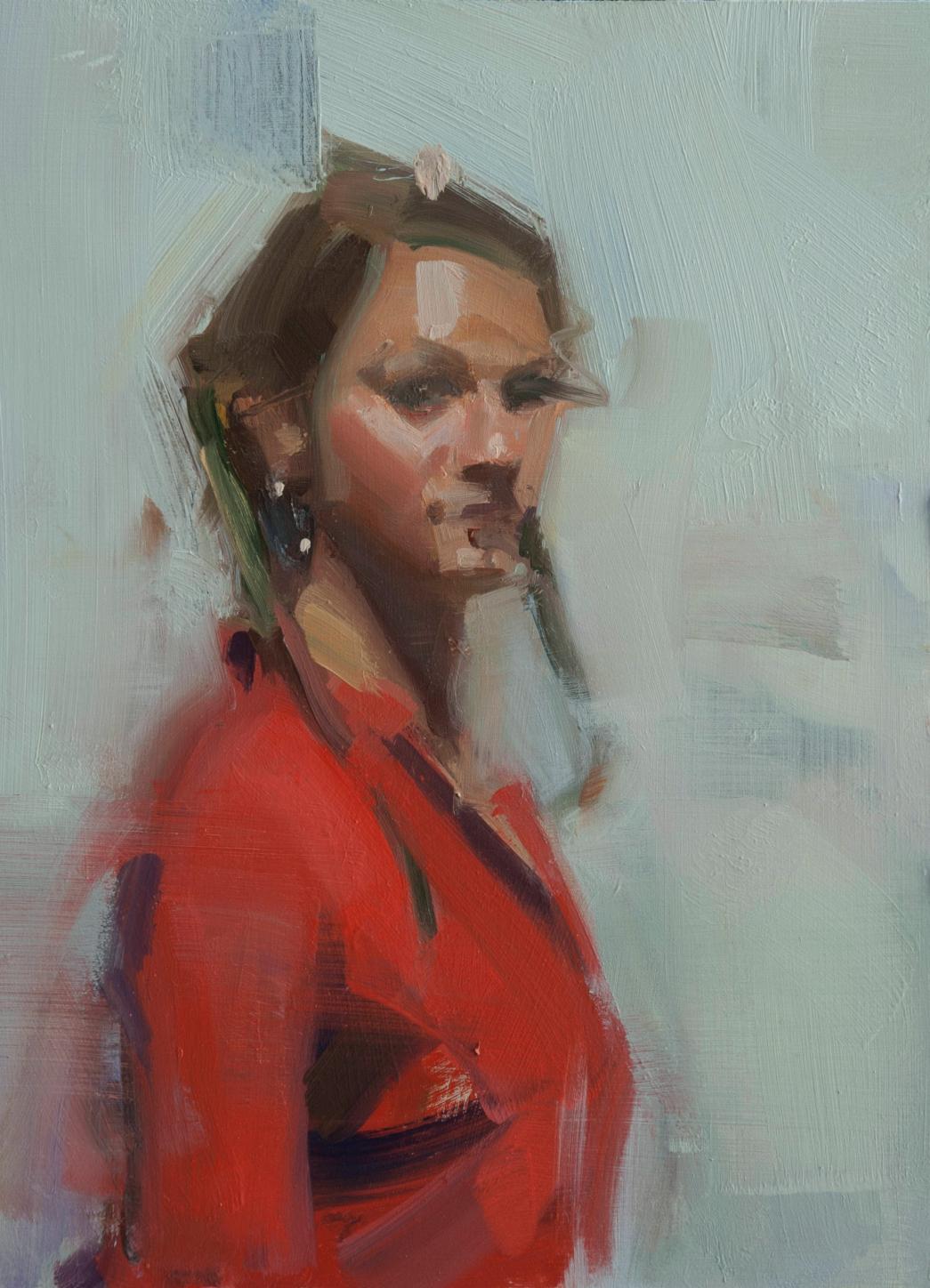 Diane en rouge  Huile sur panneau  Peinture figurative  Contemporain  Coups de pinceau - Gris Portrait Painting par David Shevlino