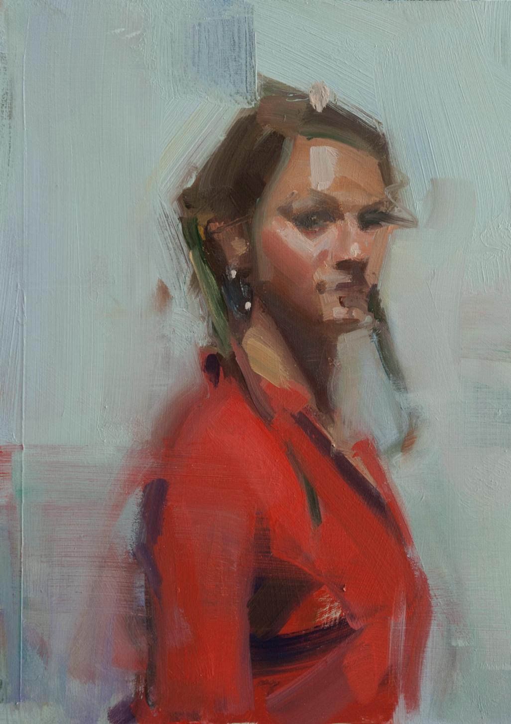 Diane in Red date de 2015 et mesure 12 x 10. Elle vous est livrée encadrée dans un bois dur minimal. Cette peinture à l'huile sur panneau de Shevlino associe la représentation traditionnelle à l'abstraction.  Grâce à l'application sensuelle de la