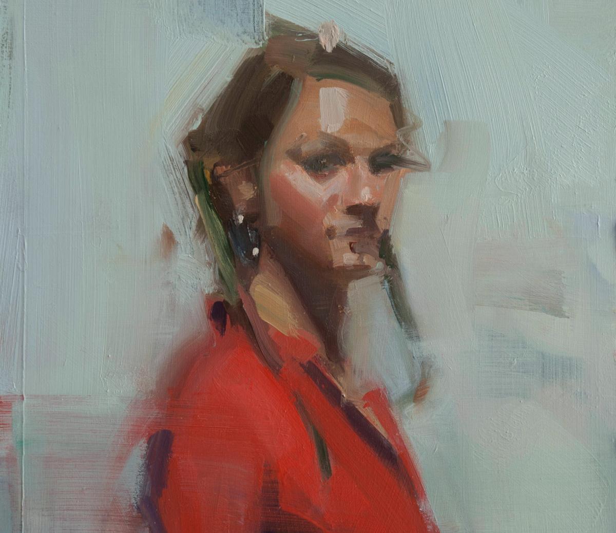 Diane en rouge  Huile sur panneau  Peinture figurative  Contemporain  Coups de pinceau en vente 1