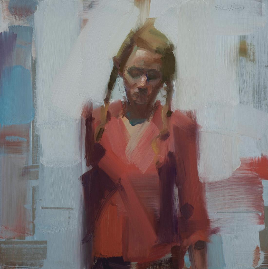 Diane en rouge  Huile sur panneau  Peinture figurative  Contemporain  Coups de pinceau en vente 3