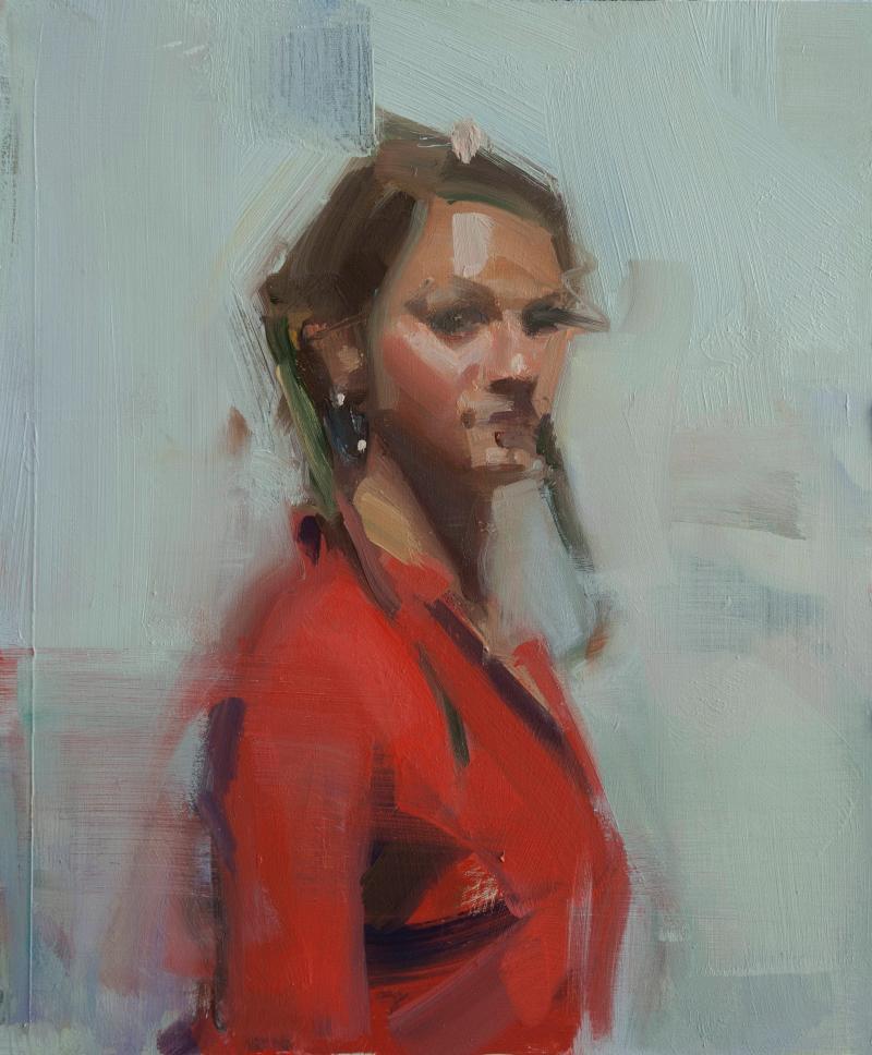 David Shevlino Portrait Painting - Diane in Red  Oil on Panel  Figurative Painting  Contemporary  Brushstrokes