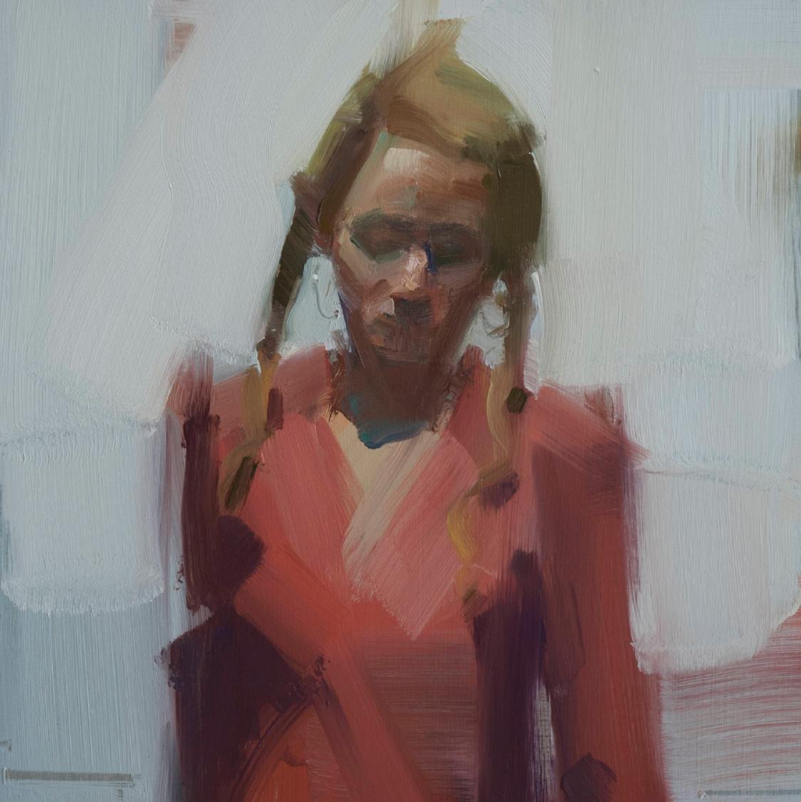 Diane con trenzas  Óleo sobre tabla  Pintura figurativa  Contemporáneo - Portrait Painting Gris de David Shevlino