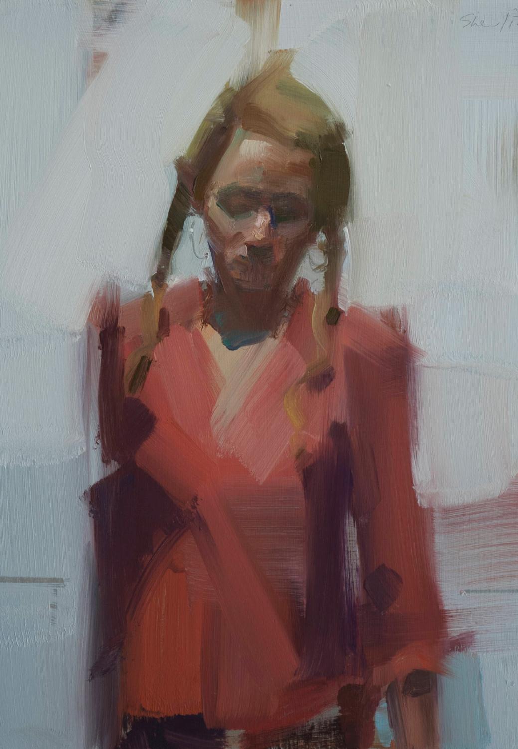 Diane con trenzas es de 2012 y mide 12 x 10 y te llega enmarcada en madera noble mínima. Este óleo sobre tabla de Shevlno une la representación tradicional con la abstracción.  Mediante la sensual aplicación de la pintura por parte de Shevlino, el