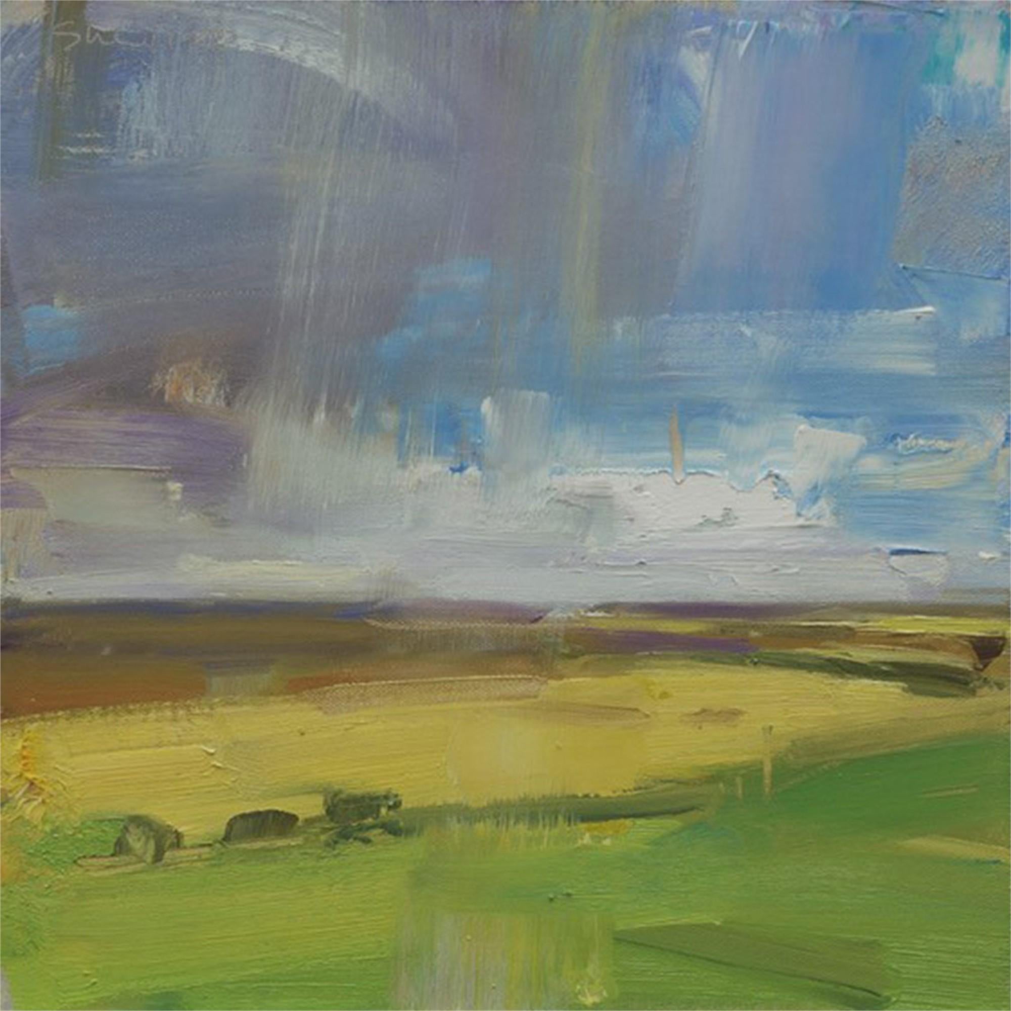 David Shevlino Still-Life Painting - Landscape - Blue Green Gold / oil painting - rain on field