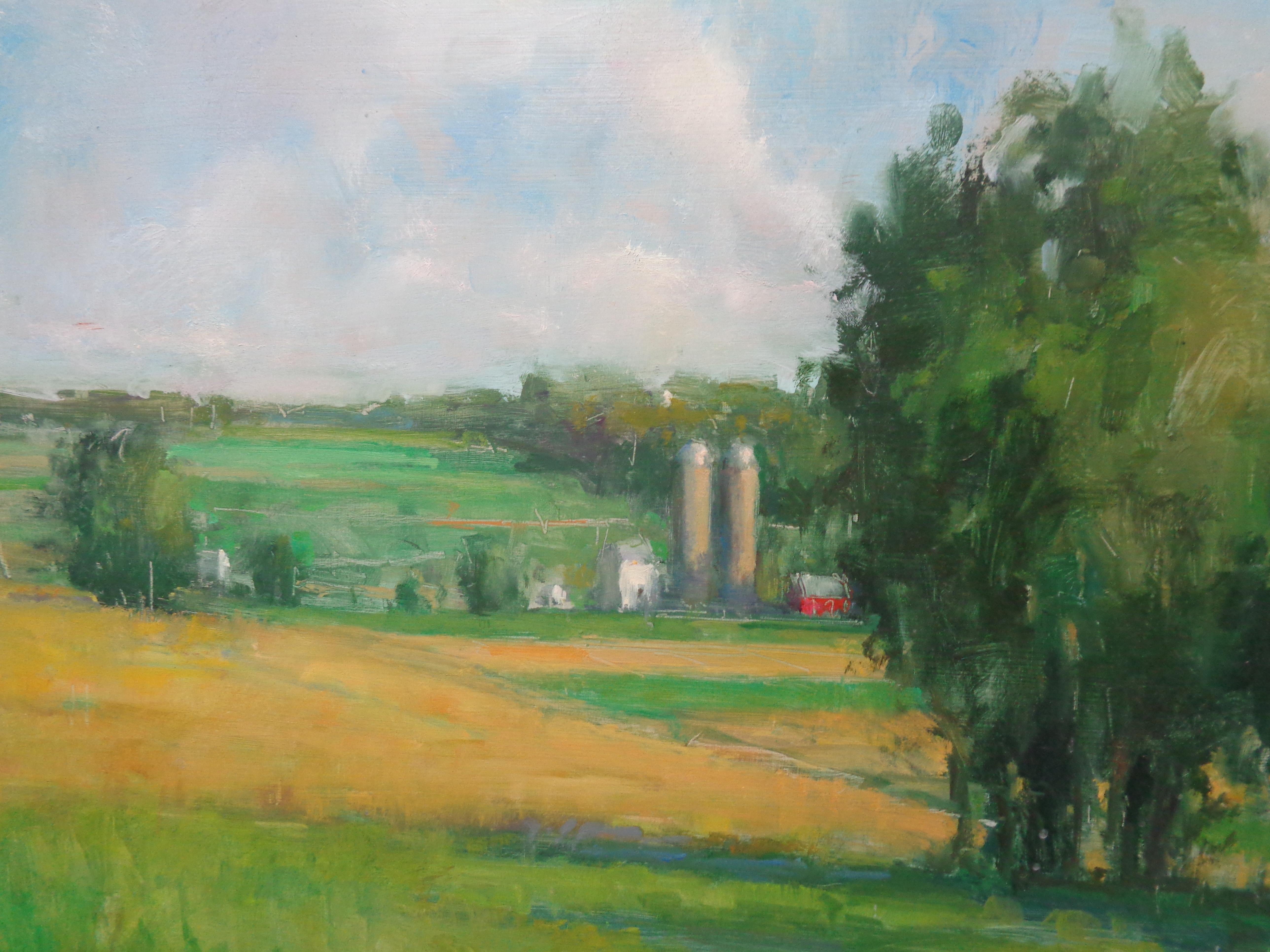 Landscape Farm Oil Painting David Shevlino Two Silos For Sale 2