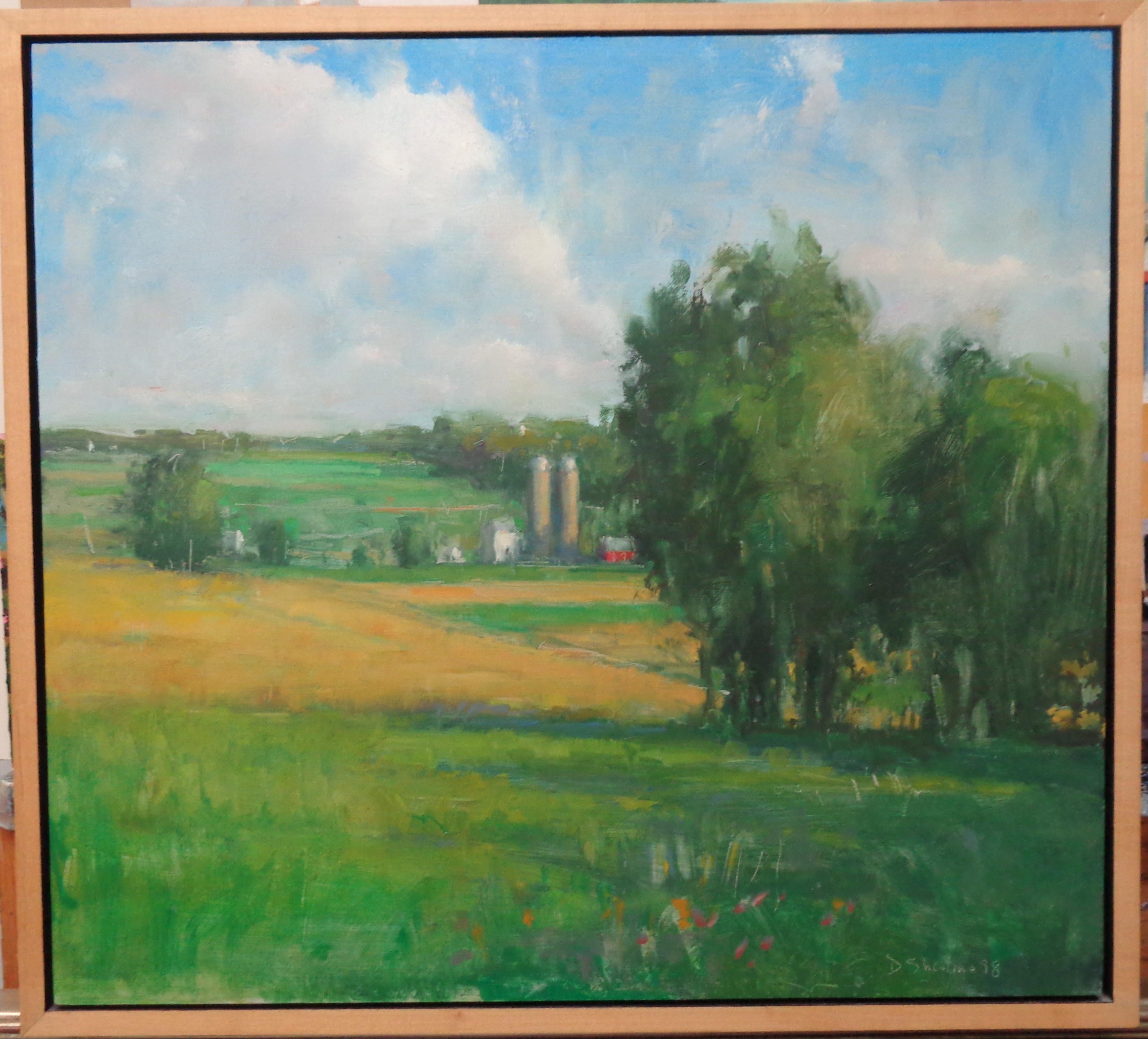 David Shevlino, Landscape Farm Oil Painting David Shevlino Two Silos, circa 1998