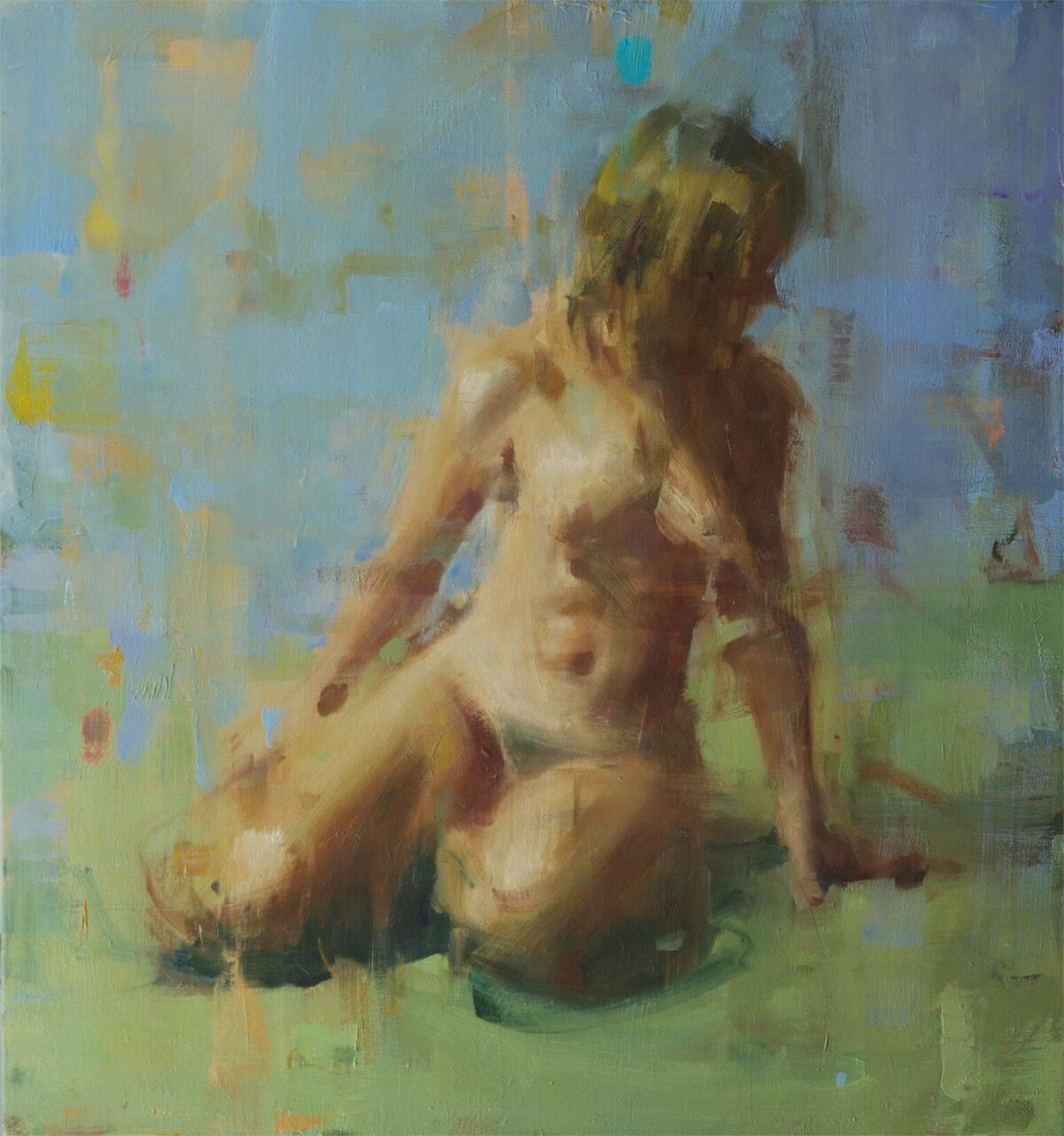 Nude Painting David Shevlino - Huile sur toile - Nu sur Vert / Figuratif