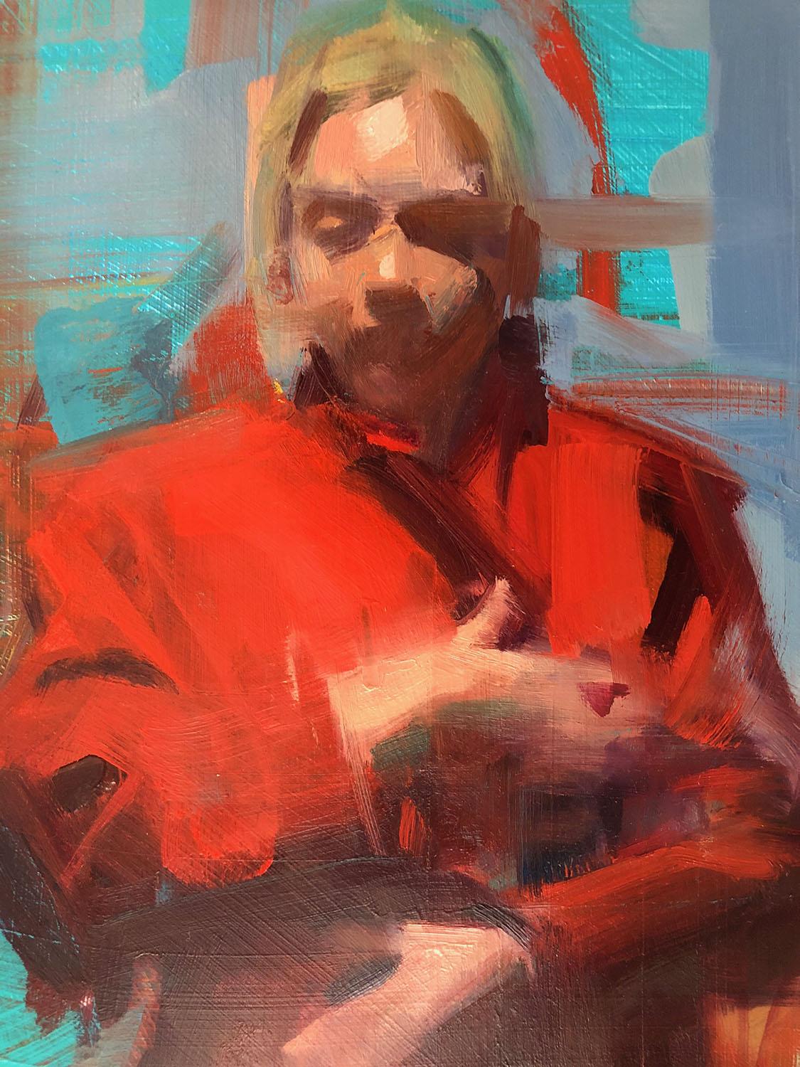 Manteau rouge - peinture figurative d'une femme dans un trench-coat rouge - Contemporain Painting par David Shevlino