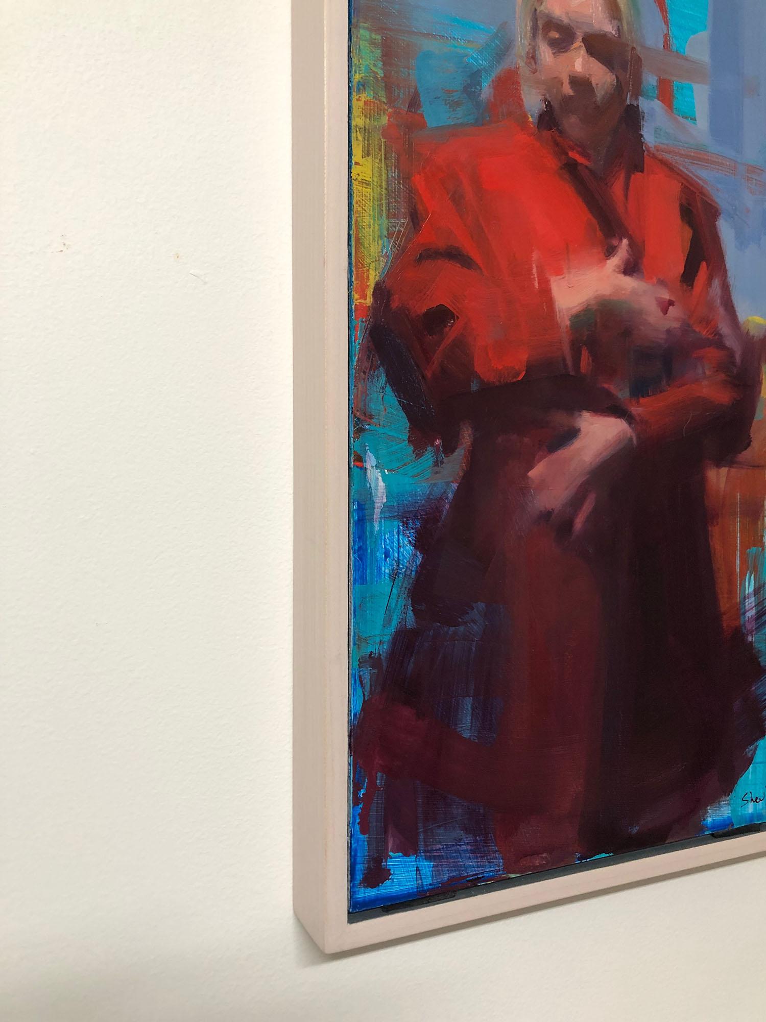 Manteau rouge - peinture figurative d'une femme dans un trench-coat rouge - Marron Portrait Painting par David Shevlino