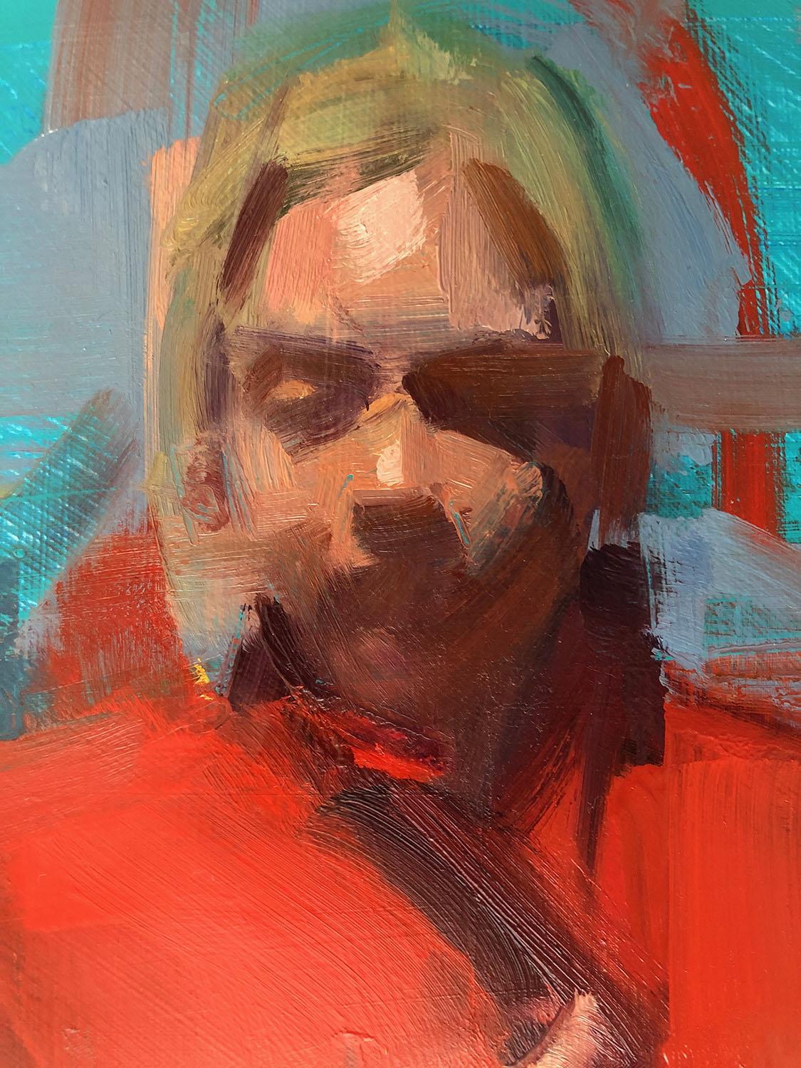 Red Coat - figurative painting of a woman in a red trench coat - Contemporary Painting by David Shevlino