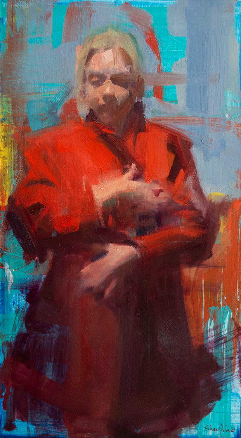 Red Coat - figurative painting of a woman in a red trench coat - Painting by David Shevlino