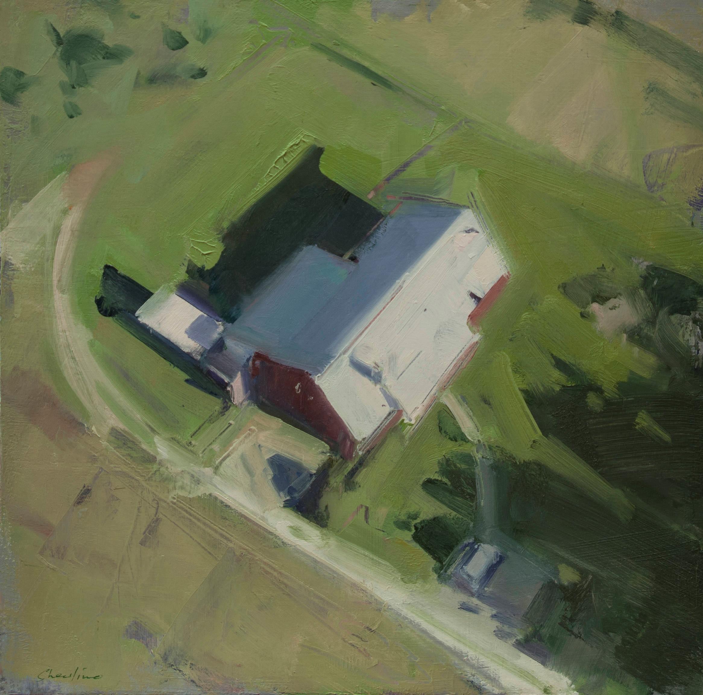 Landscape Painting di David Shevlino - Tetti  12" x 12" Light Wood Float Frame Drone Photo Landscape Contemporary