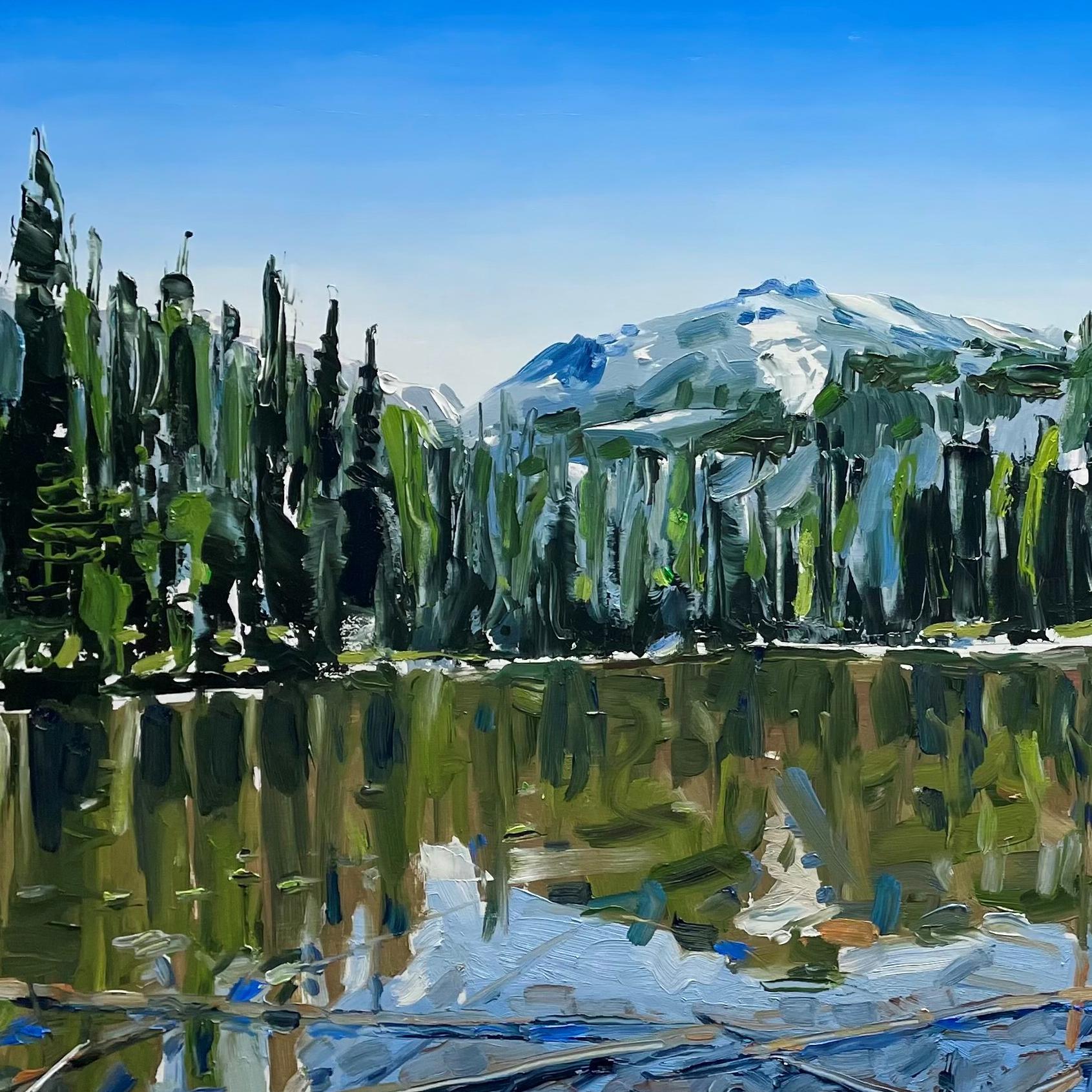 Nymph Lake, Rocky Mountain Park, CO, Original Oil Painting - Blue Landscape Painting by David Shingler