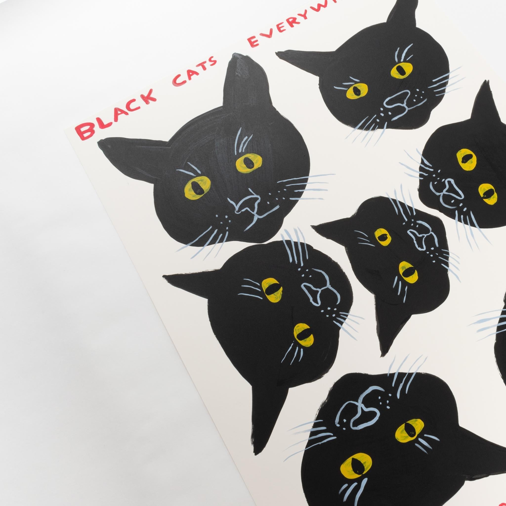 DAVID SHRIGLEY – SCHWARZE CATS IN aller Welt. Modernes Design Britischer Künstler Blau (Weiß), Figurative Print, von David Shrigley