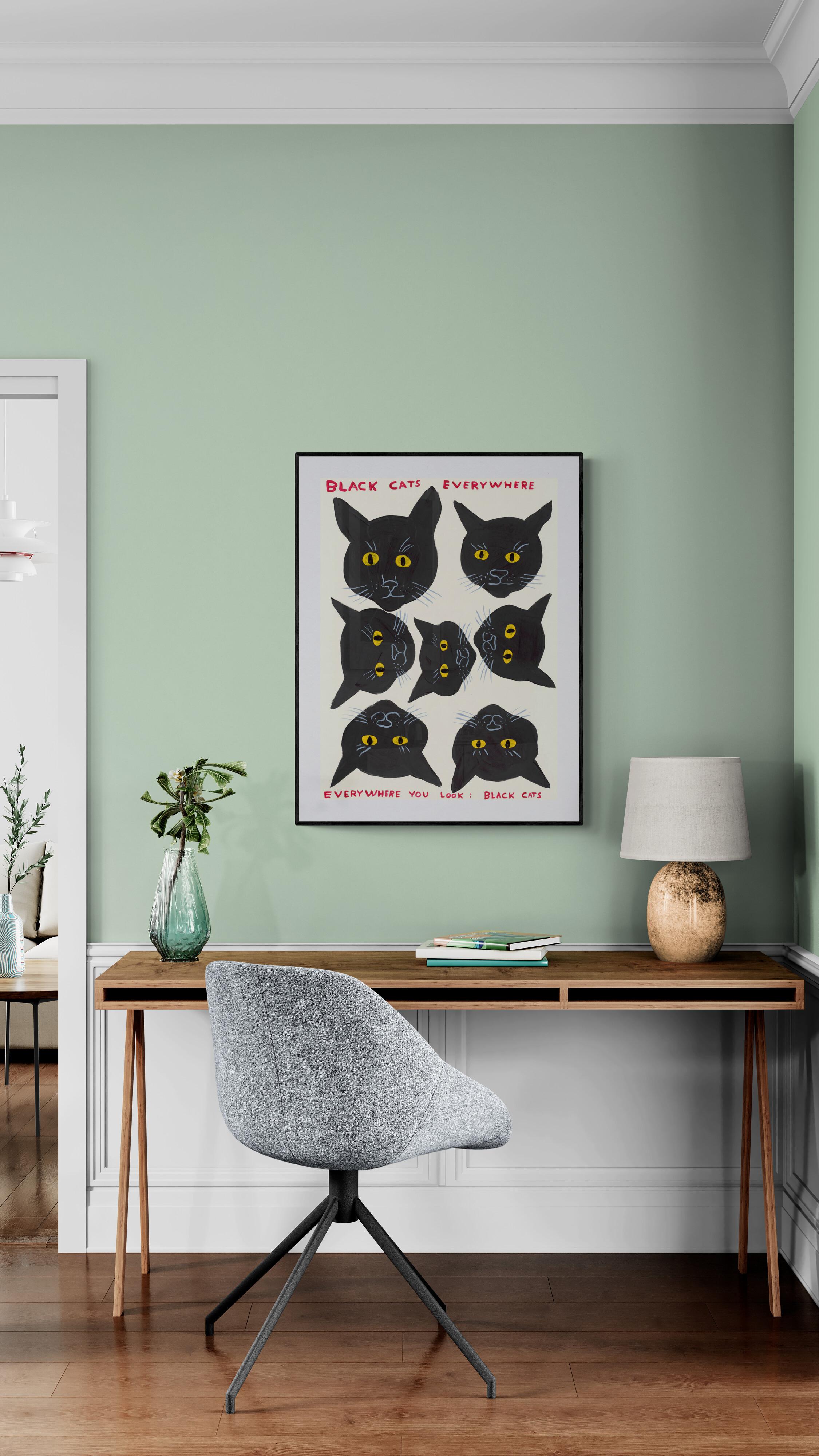 DAVID SHRIGLEY – SCHWARZE CATS IN aller Welt. Modernes Design Britischer Künstler Blau im Angebot 1