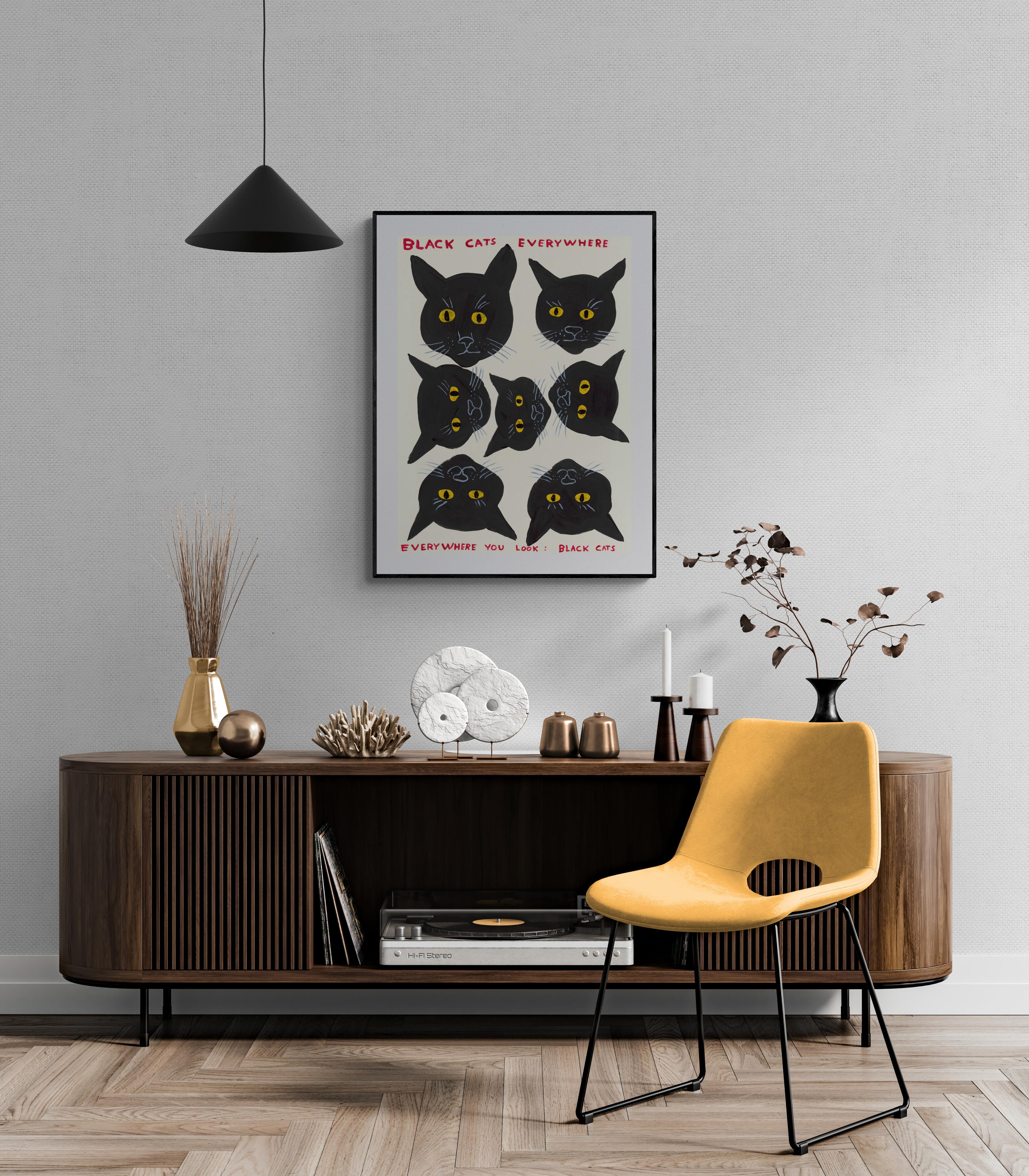 DAVID SHRIGLEY – SCHWARZE CATS IN aller Welt. Modernes Design Britischer Künstler Blau im Angebot 2