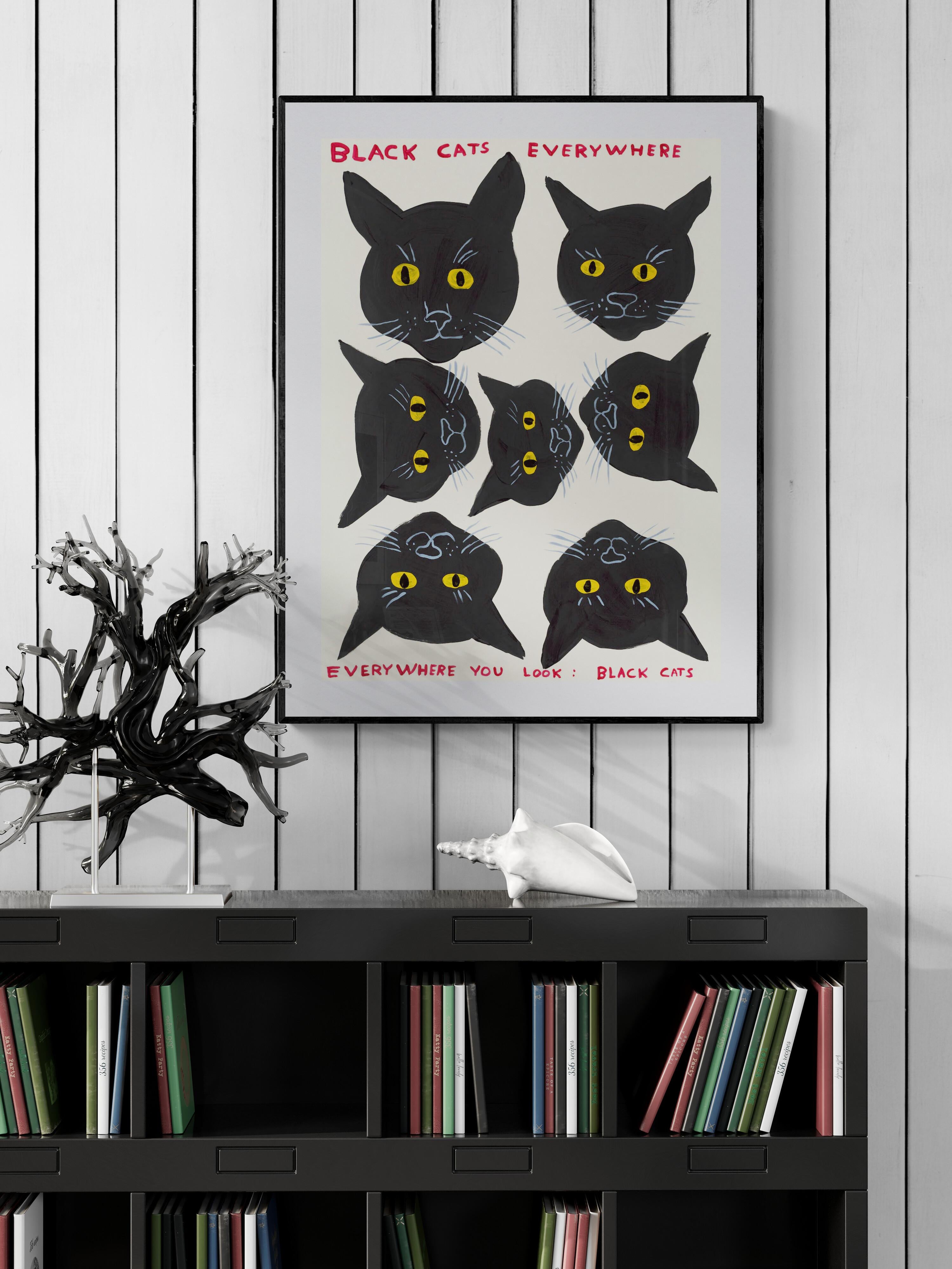 DAVID SHRIGLEY – SCHWARZE CATS IN aller Welt. Modernes Design Britischer Künstler Blau im Angebot 3