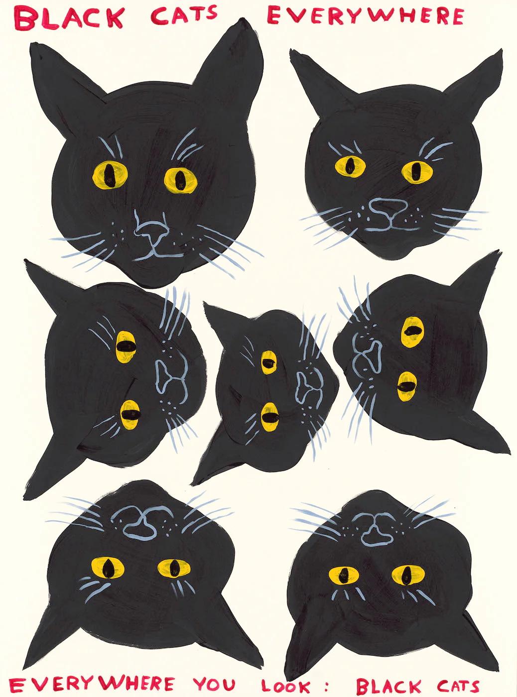 David Shrigley Figurative Print – DAVID SHRIGLEY – SCHWARZE CATS IN aller Welt. Modernes Design Britischer Künstler Blau