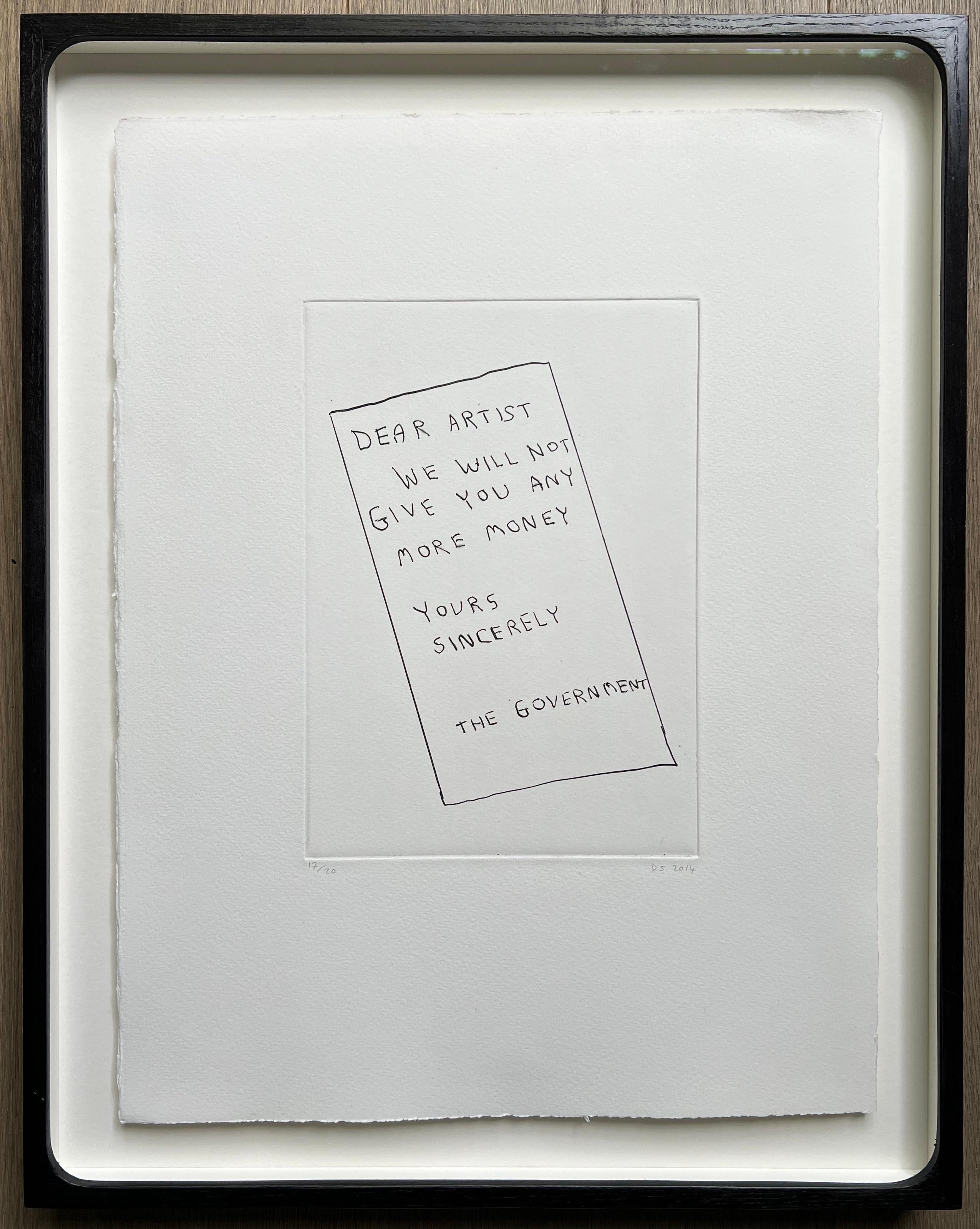 Querido artista, 2014
grabado
38 x 28 cm - hoja
44 x 35 cm - Enmarcado
firmado a mano, fechado y numerado por el artista
Edición 17 de 20

publicado por Shafer Editions
