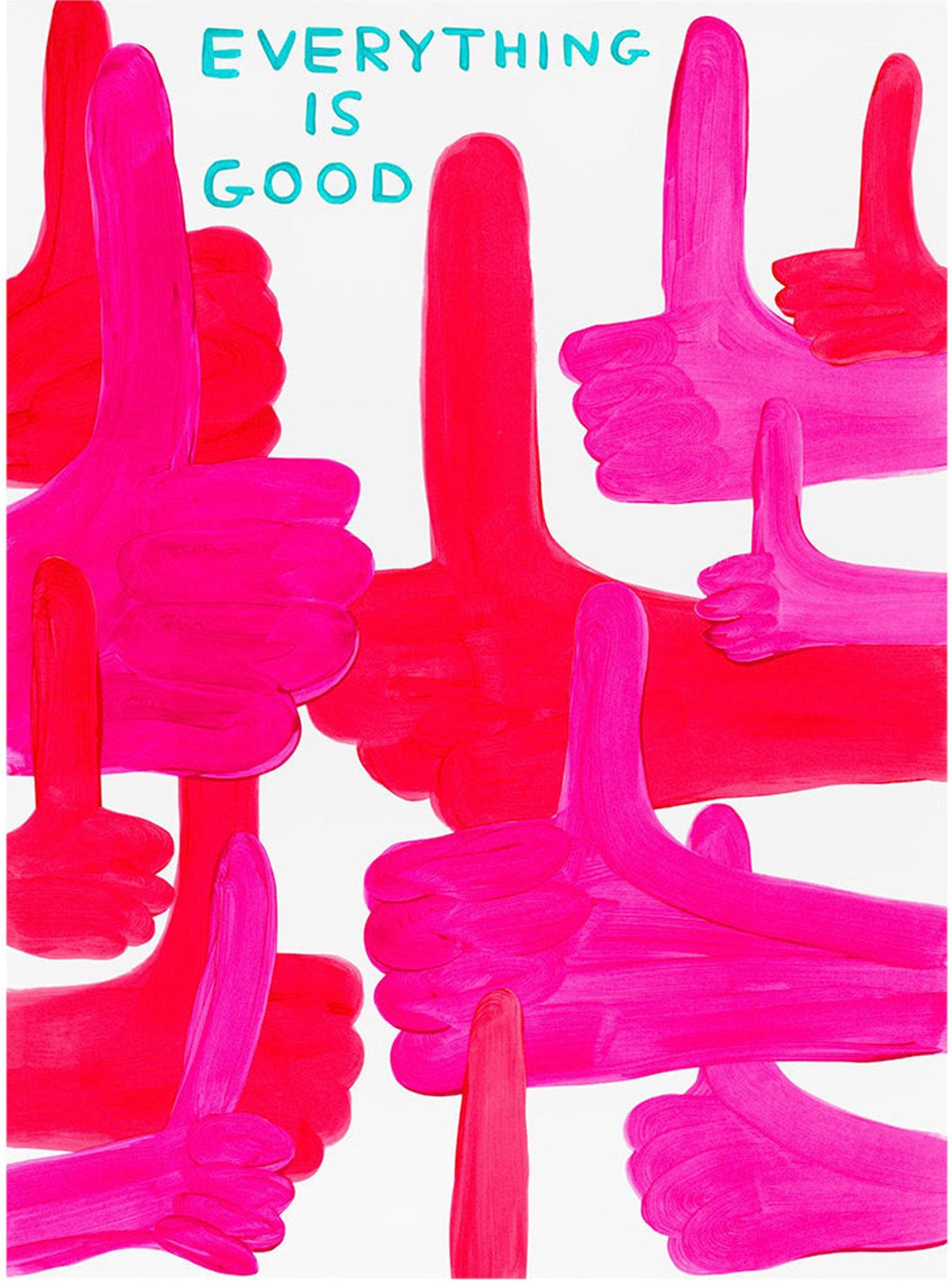 David Shrigley
Everything is Good, 2023
15 colour screenprint with a two varnish overlay printed on Somerset Satin Tub sized 410 gsm
29 1/2 × 22 in  75 × 56 cm
Edition of 125