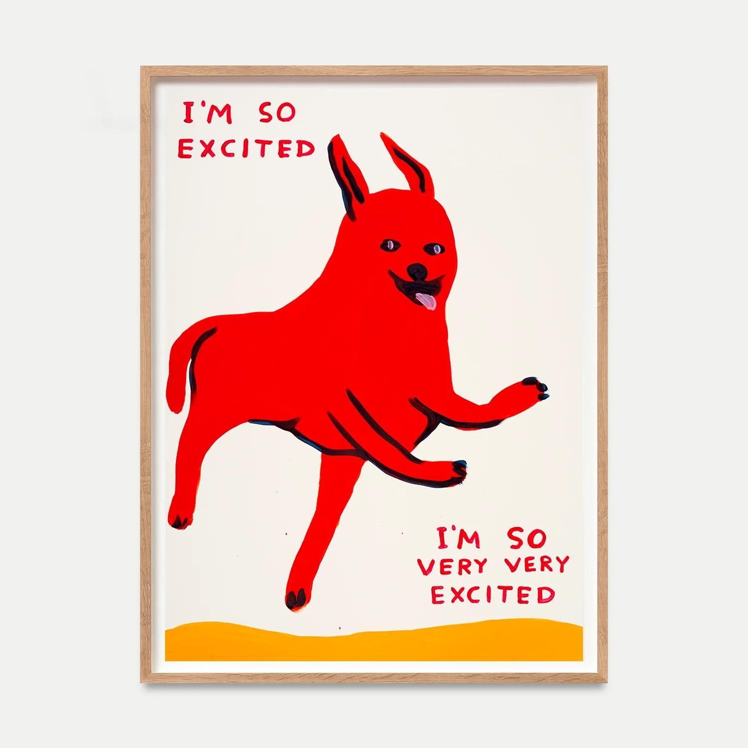 David Shrigley
I'm So Excited, 2022
17 colour screen print with a two varnish overlay on Somerset Satin Tub sized 410 gsm
29 1/2 × 22 in  75 × 56 cm
Edition of 125