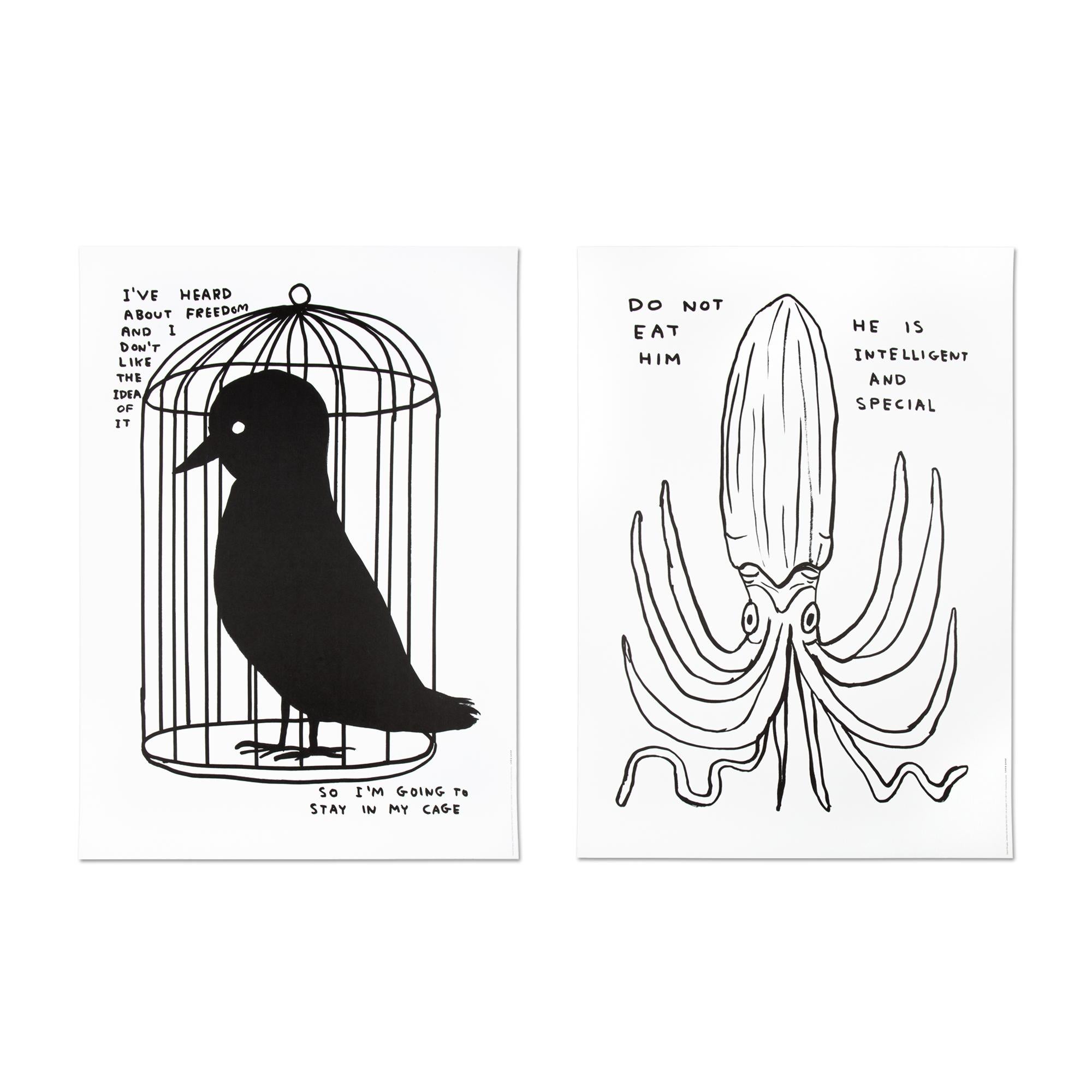 David Shrigley (British, 1968)
I’ve Heard About Freedom + Do Not Eat Him, 2022
Medium: Set of two digital prints on paper
Dimensions: 70 x 50 cm (27 3/5 × 19 7/10 in)
Edition of 250: Not signed, not numbered
Condition: Mint