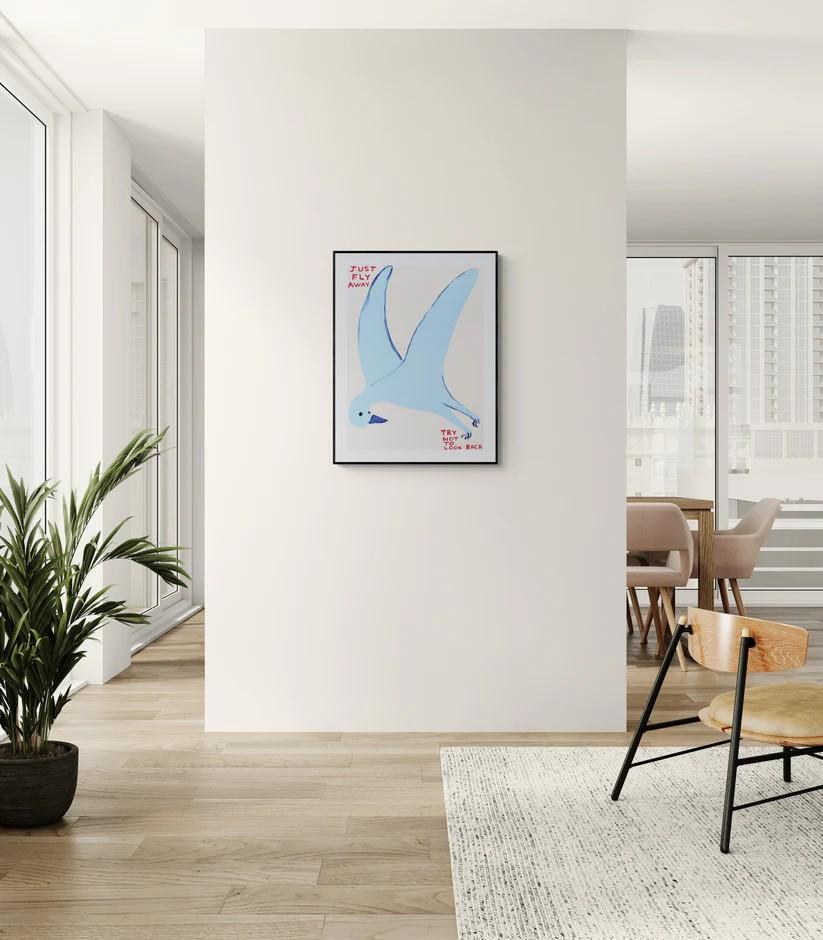 DAVID SHRIGLEY - Just Fly Away. Modern Design Figurative British Artist Blue - Gray Figurative Print by David Shrigley