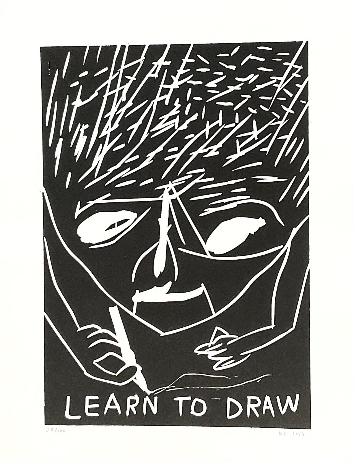 David Shrigley
Zeichnen lernen, 2016
linocut
vom Künstler handsigniert und nummeriert
39 x 29 cm
Auflage von 100 Stück

David Shrigleys Grafiken sind bekannt für ihre kühnen, bewusst naiven Zeichnungen, gepaart mit scharfen, witzigen und oft