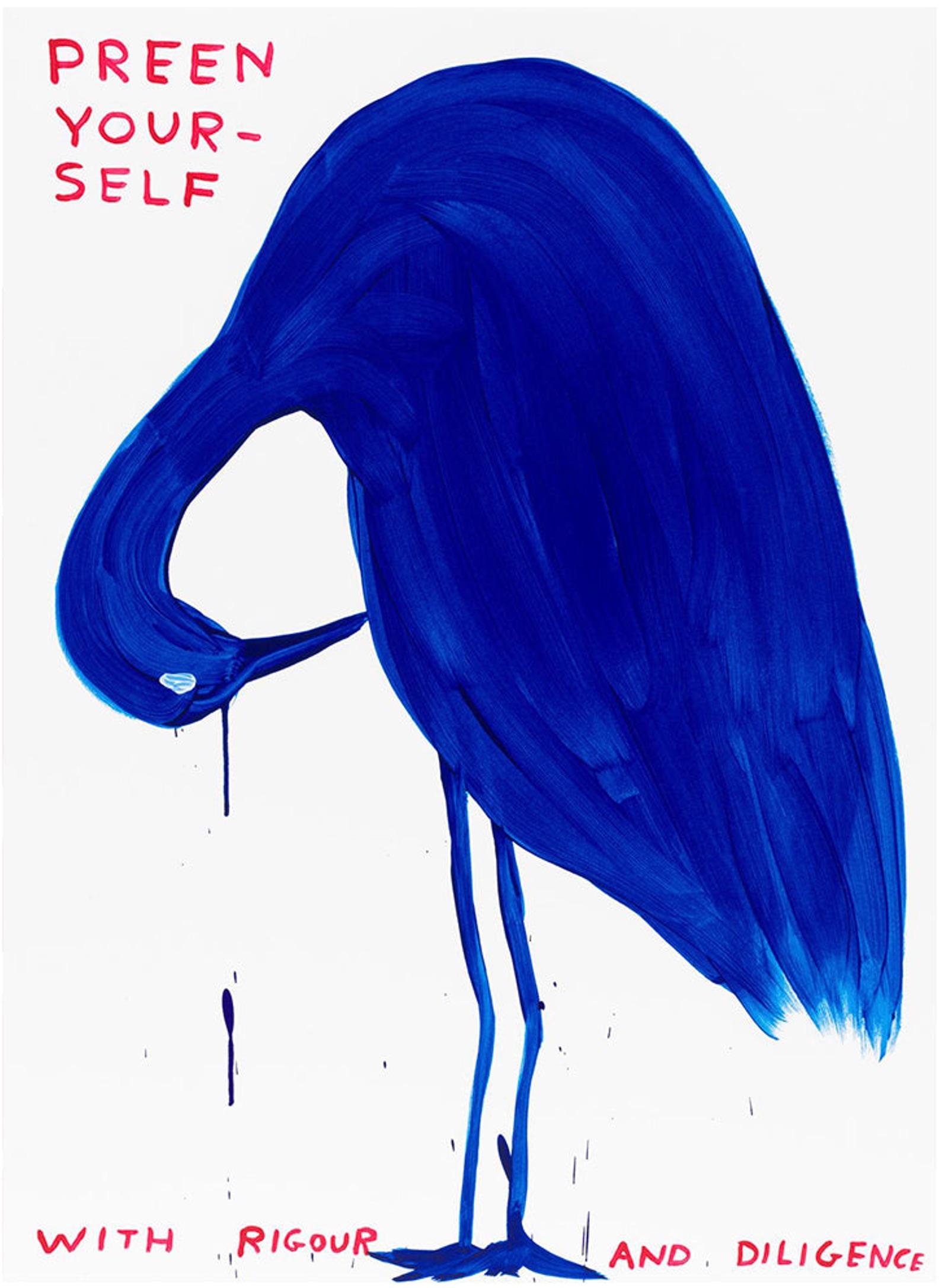 David Shrigley
Preen Yourself, 2023
13 colour screenprint with a two varnish overlay printed on Somerset Satin Tub sized 410 gsm
29 1/2 × 22 in  75 × 56 cm
Signed by the artist and numbered
Edition of 125

The seller can only provide the specific