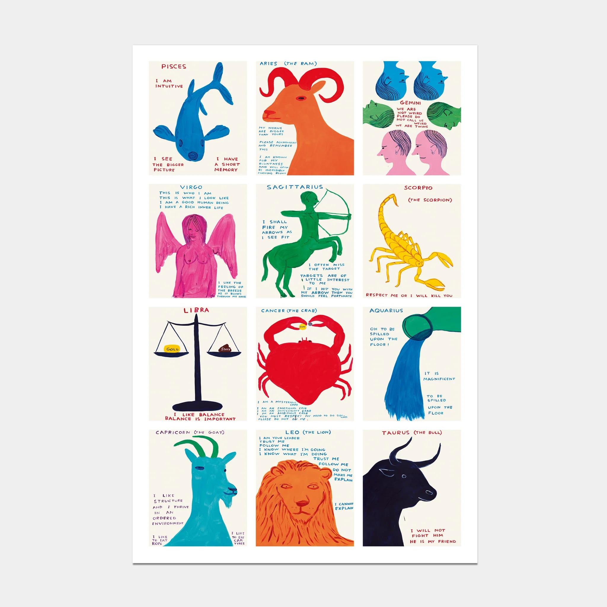 David Shrigley
Die Zeichen des Zodiacs
61 x 91,5 cm
Offset-Lithographie
Gedruckt auf 200g Arctic Volume
Narayana Press in Dänemark