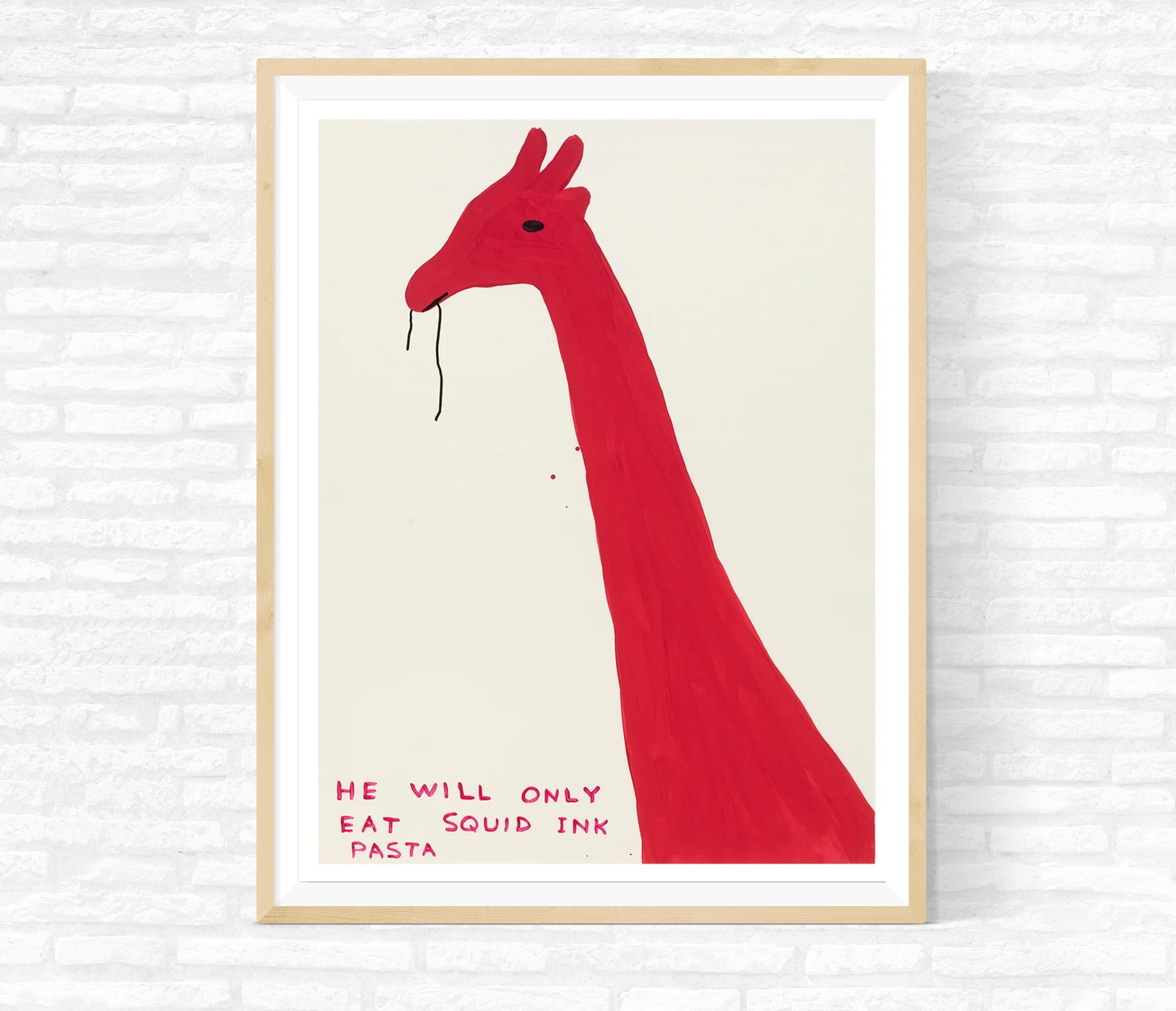 David Shrigley, Senza titolo (He Will Only Eat Squid Ink Pasta), stampa di giraffa 1