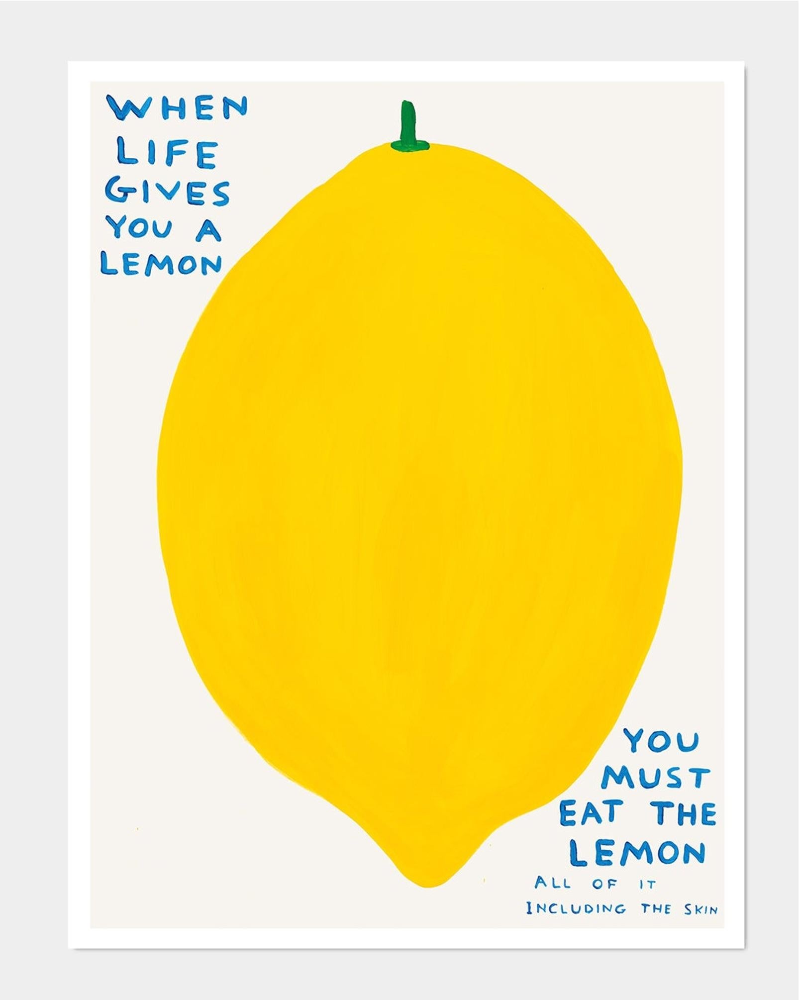 David Shrigley
Wenn das Leben dir eine Zitrone schenkt, 2021
80 x 60 cm
Offset-Lithographie
Gedruckt auf 200g Munken Lynx Papier