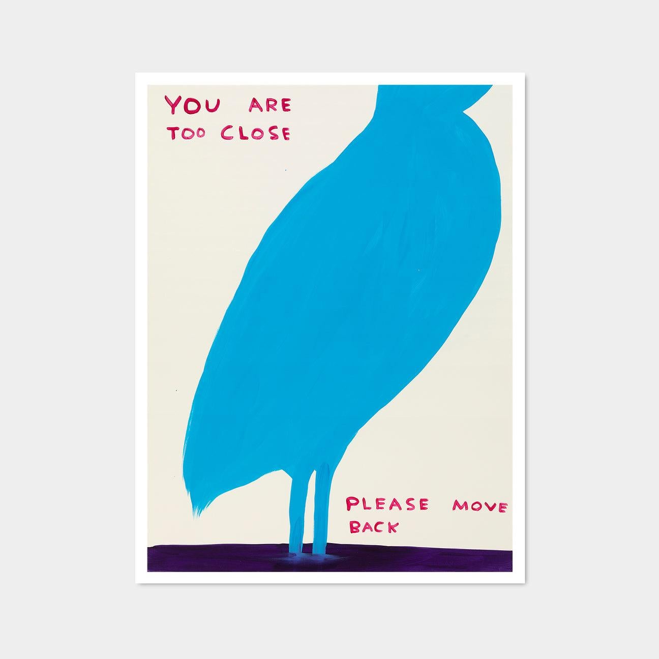 David Shrigley, You Are Too Close, 2019 

Off-set lithograph 
Open edition, unframed 
60 x 80 cm (23.62 x 31.5 inches) 
Printed on 200g Munken Lynx paper by Narayana Press in Denmark 

This print is based on the original acrylic on paper work by