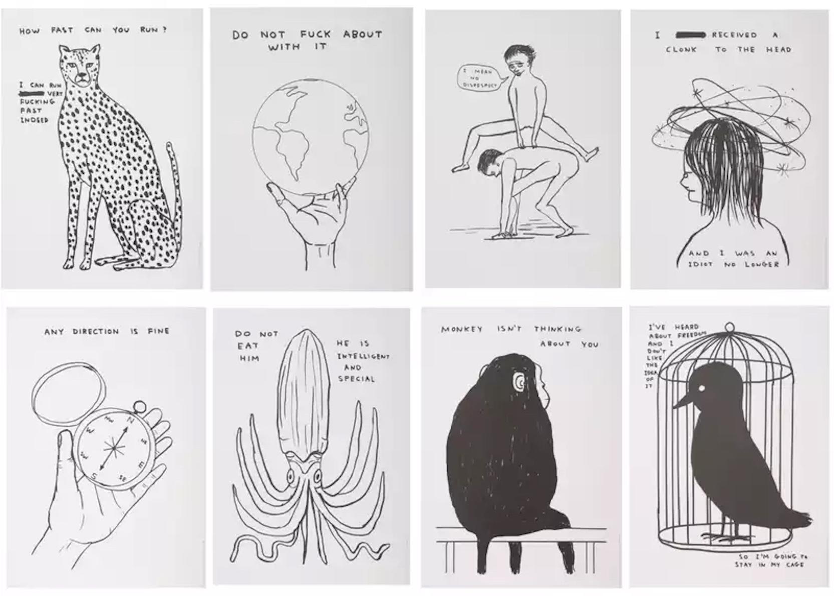 David Shrigley Figurative Print - Human Behaviour and Animals and Existentialism full set of 8 prints