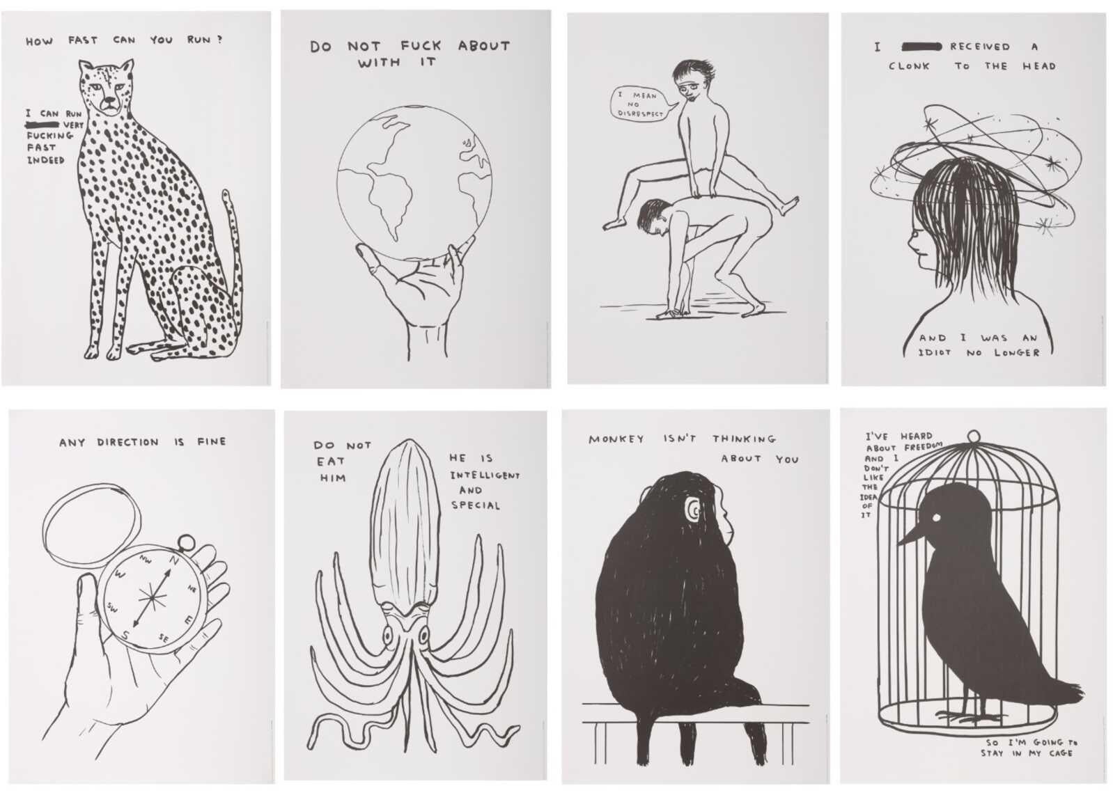 Animal Print di David Shrigley - Comportamento umano, animali ed esistenzialismo serie completa di 8 stampe