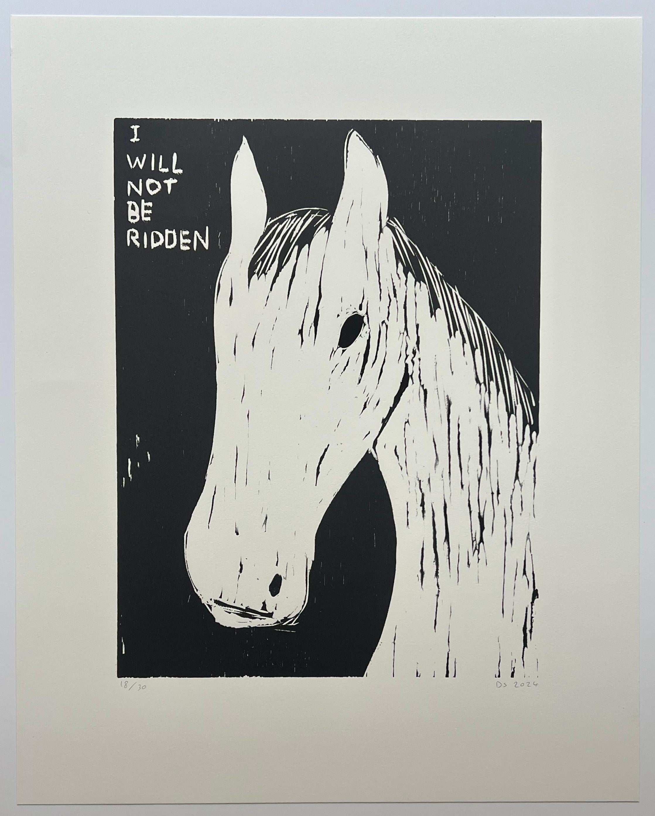 David Shrigley Animal Print - Signed Woodcut Print: I Will Not Be Ridden, Edition 18/30