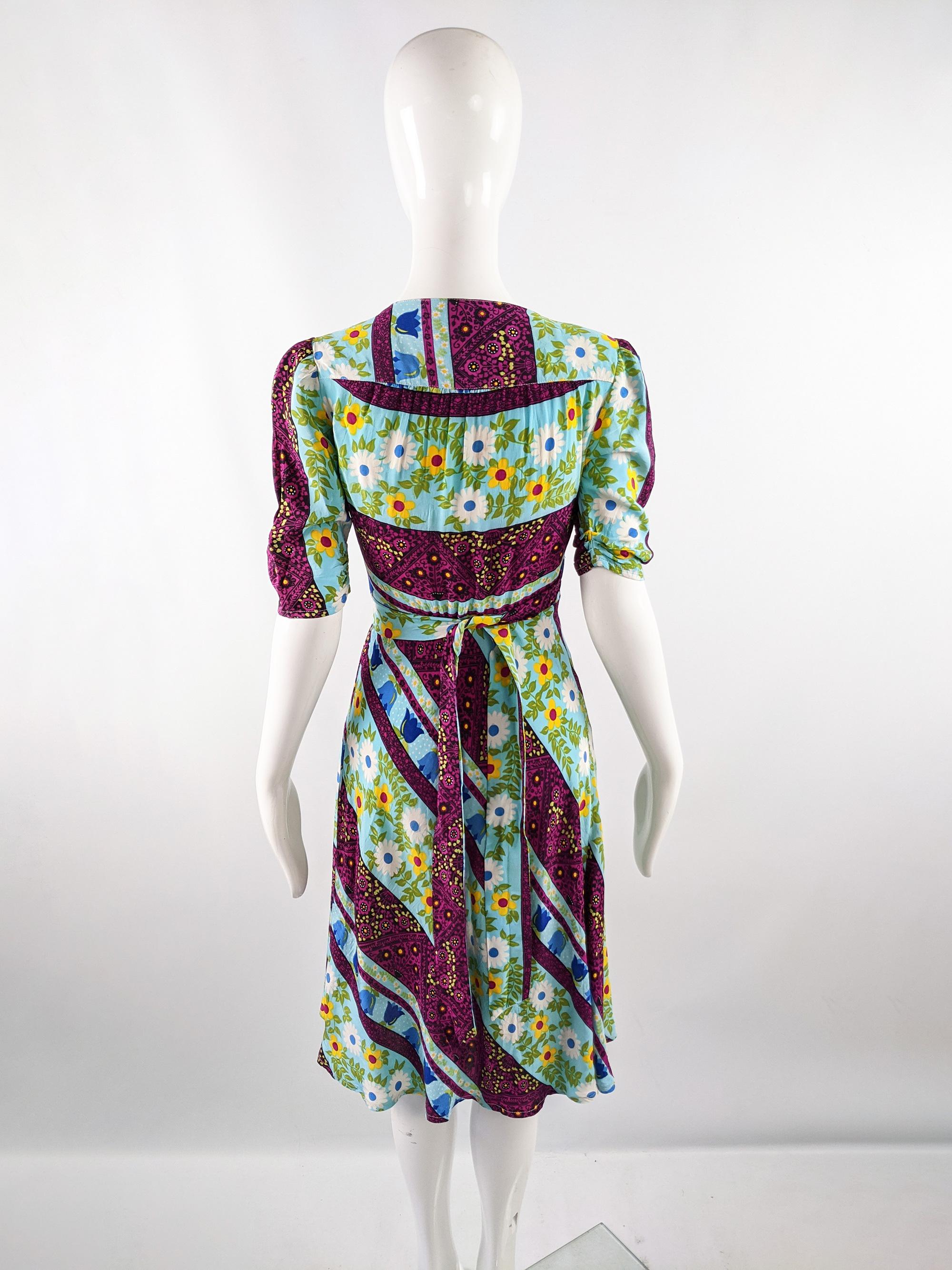 Black David Silverman Vintage 70s Colorful Floral Print Boho Wrap Dress, 1970s For Sale