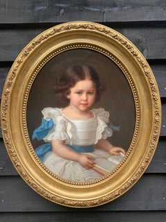 19th century Austrian Portrait of a young girl in white dress with blue bows