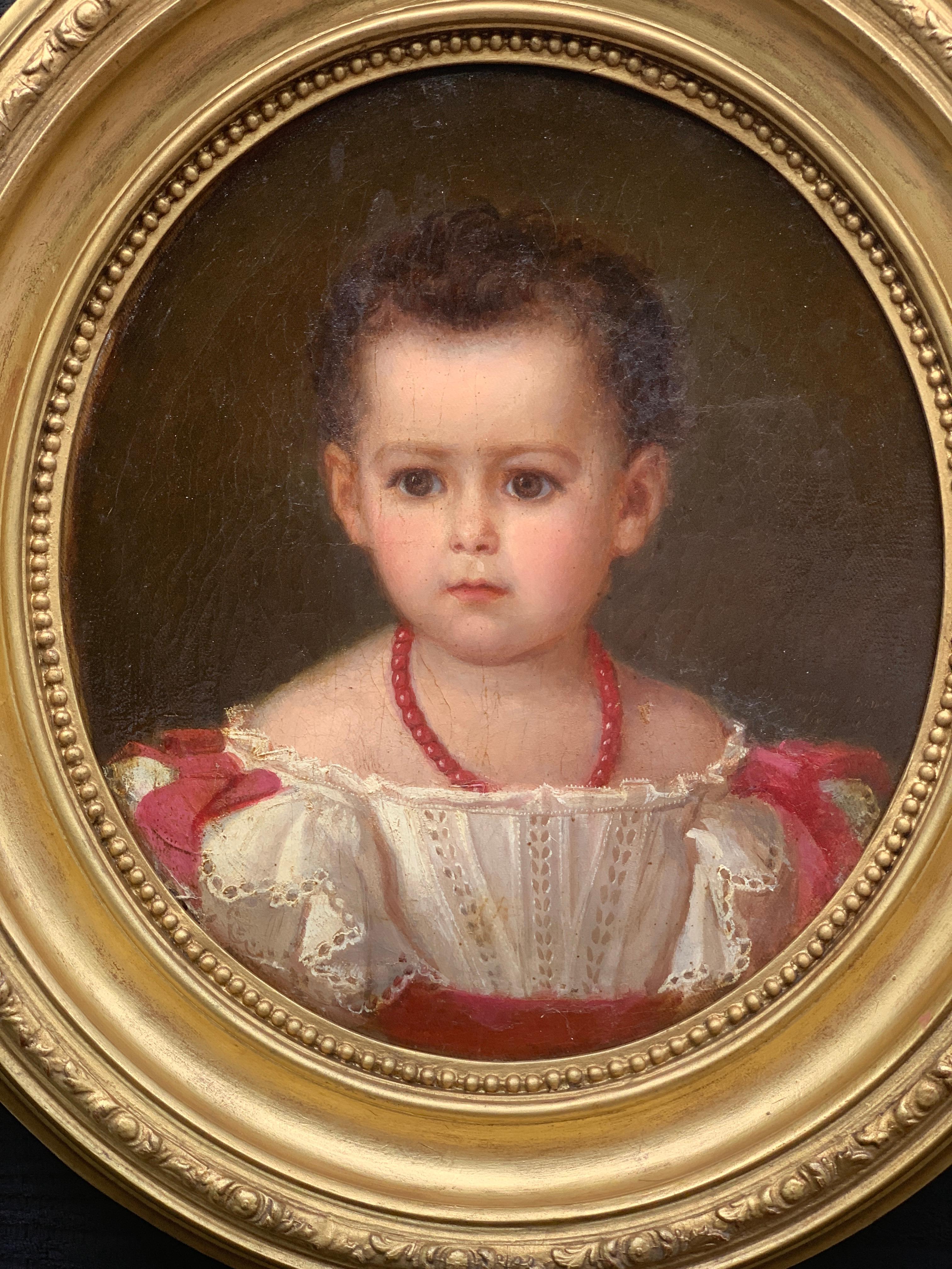 Portrait autrichien du XIXe siècle d'une jeune fille en robe blanche avec des nœuds rouges - Painting de David Simonson