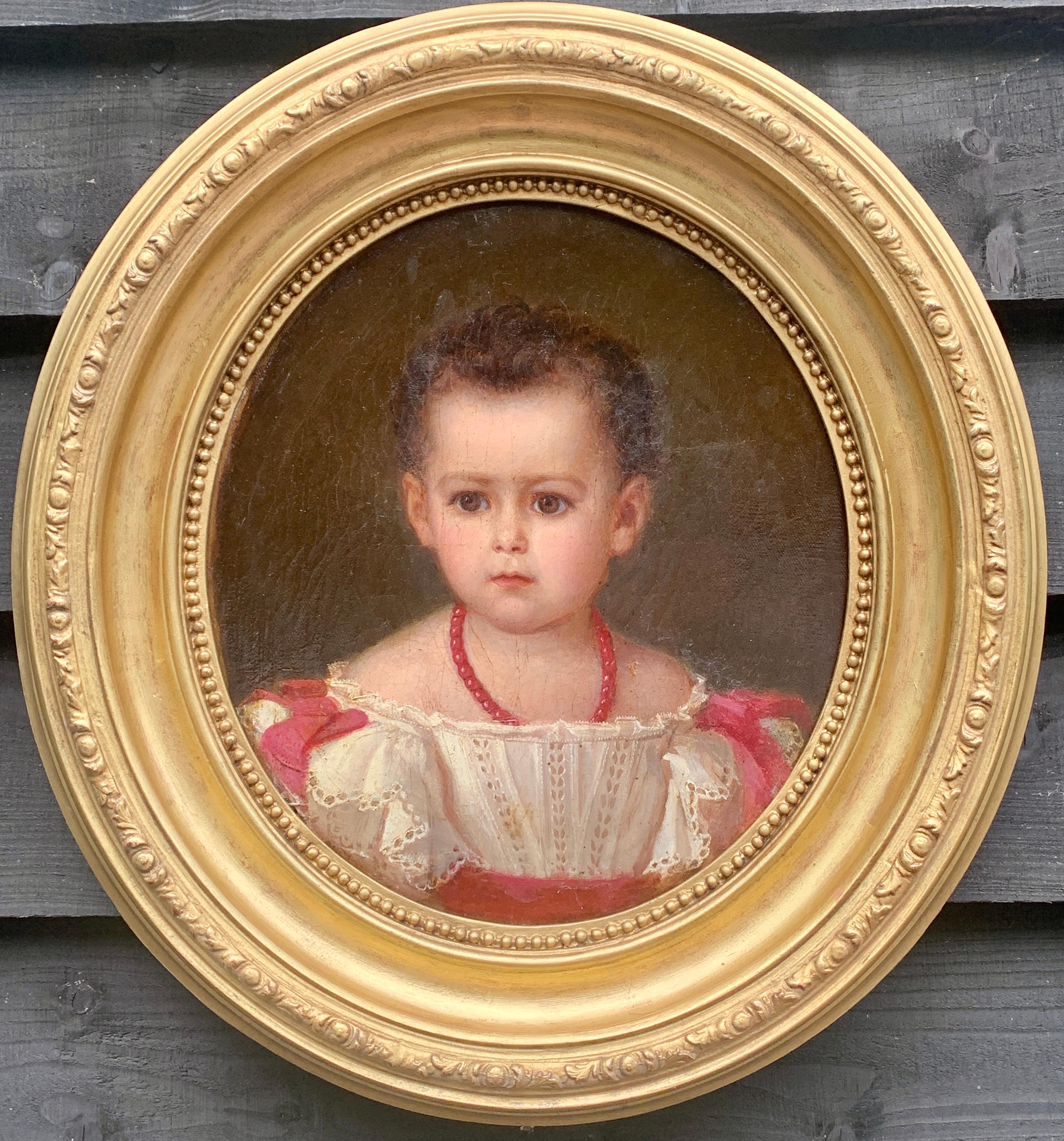 Österreichisches Porträt eines jungen Mädchens in weißem Kleid mit roten Schleifen aus dem 19. Jahrhundert