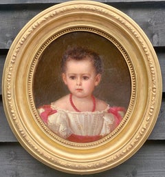 Antique 19th century Austrian Portrait of a young girl in white dress with Red bows