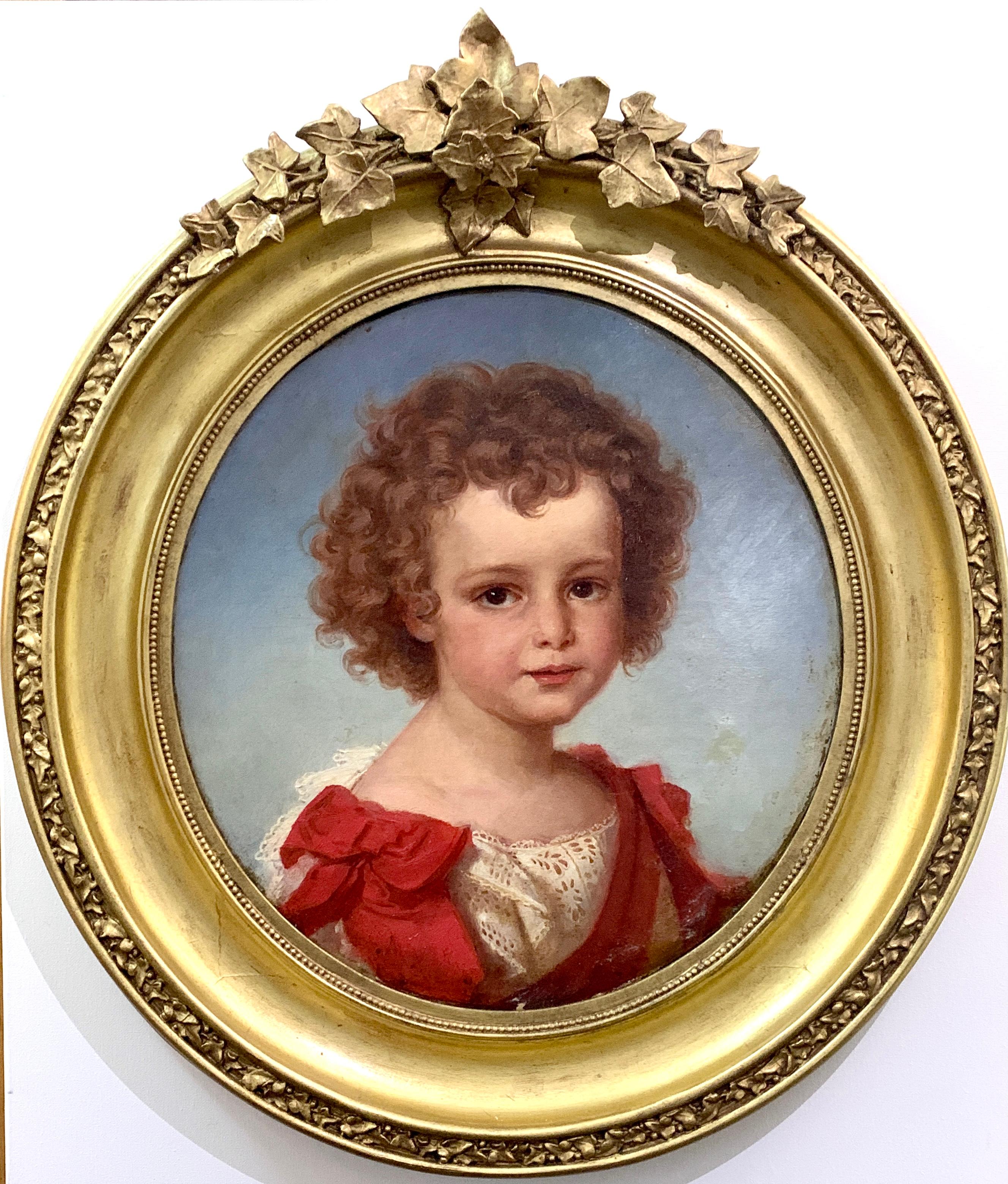 Ovales Ölporträt eines jungen Mädchens mit rotem und weißem Kleid aus dem 19. Jahrhundert – Painting von David Simonson