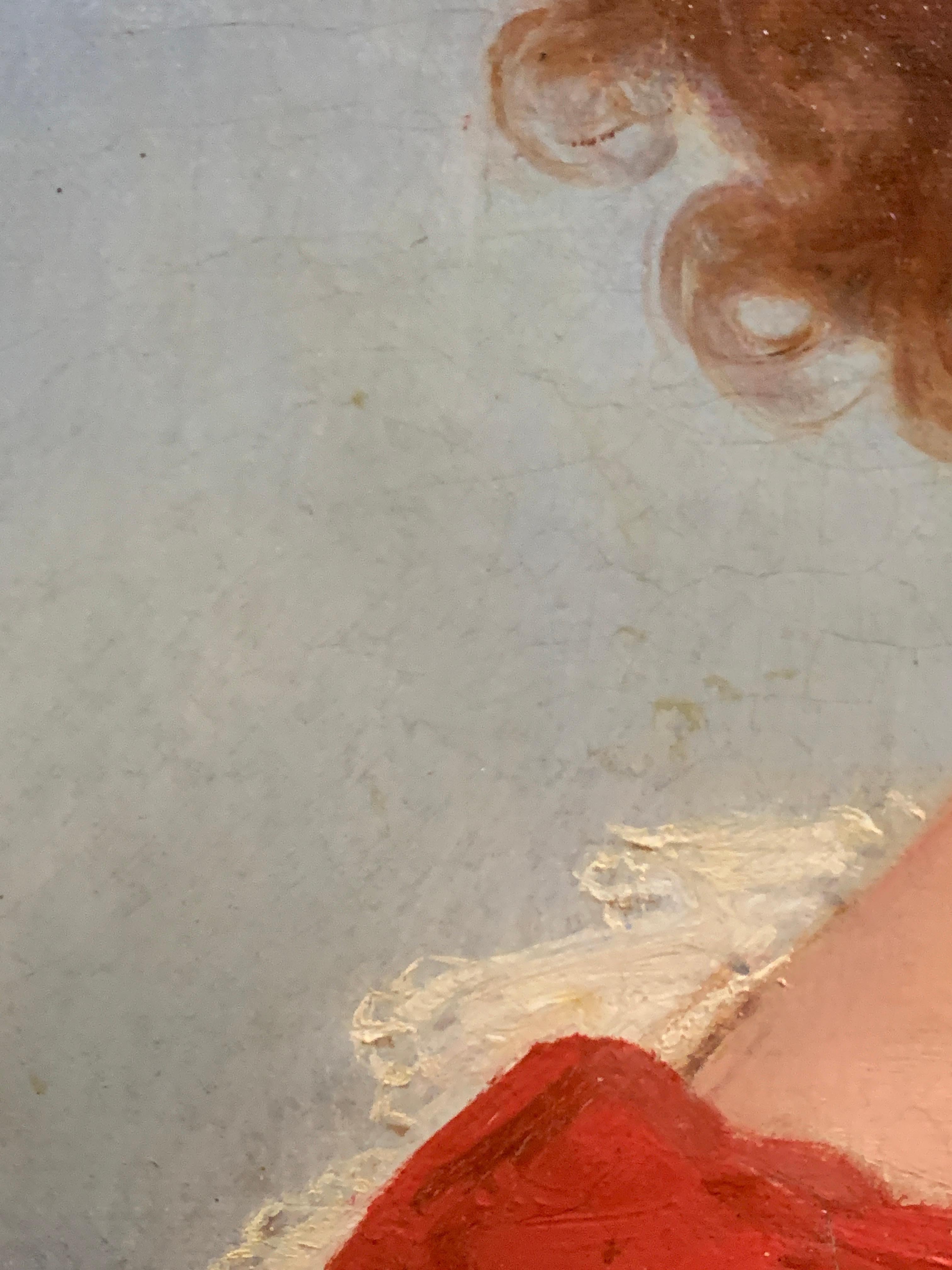 Ovales Ölporträt eines jungen Mädchens mit rotem und weißem Kleid aus dem 19. Jahrhundert im Angebot 3