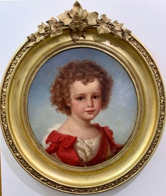 19th century oval oil portrait of a young girl with Red and White dress