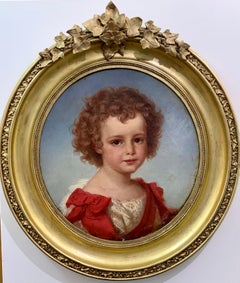 Portrait à l'huile ovale du XIXe siècle d'une jeune fille avec une robe rouge et blanche